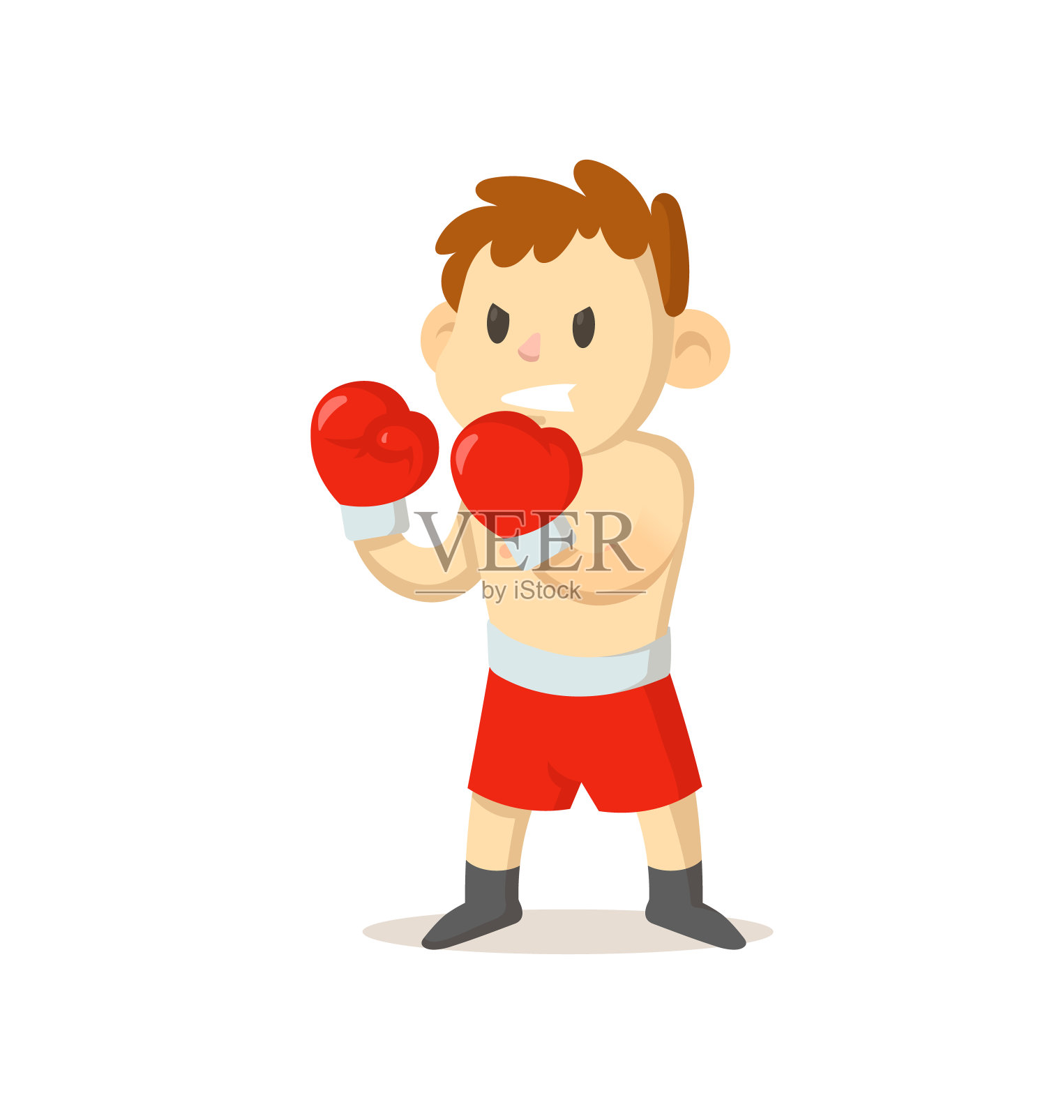 拳手男孩戴着拳击手套站着。运动和健身。卡通矢量平面插图。孤立在白色背景上。设计元素图片