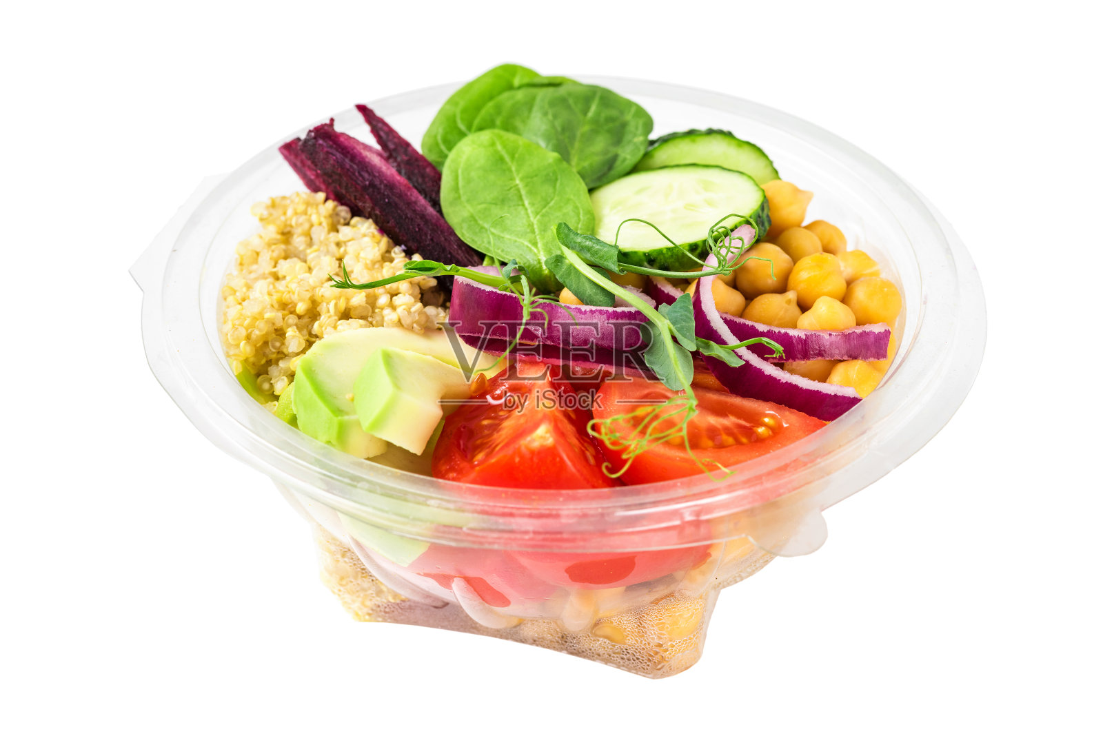 健康的素食佛碗沙拉在塑料包装的外卖或食物递送孤立在一个白色的背景照片摄影图片
