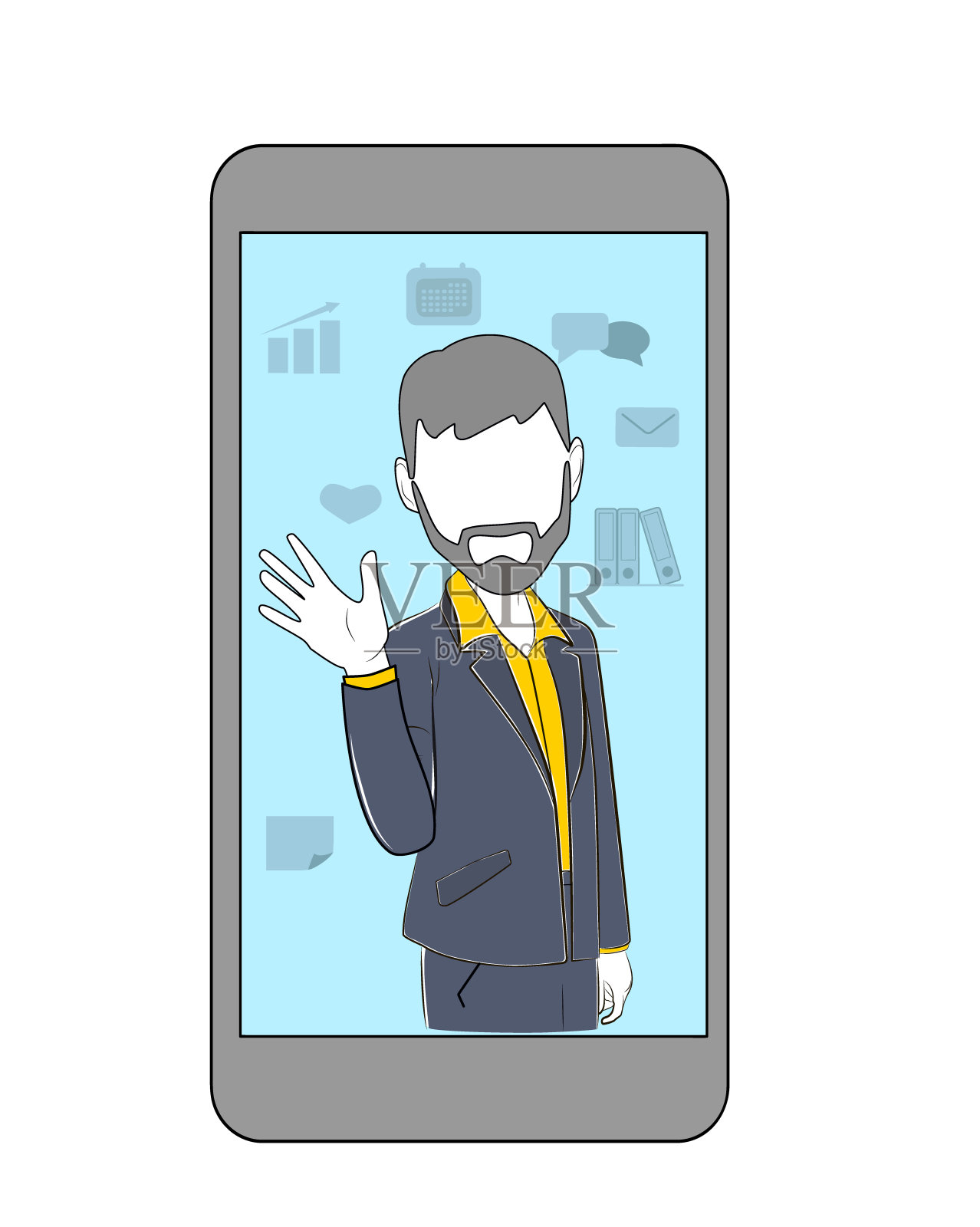一名男子在智能手机前挥手。矢量插图。插画图片素材