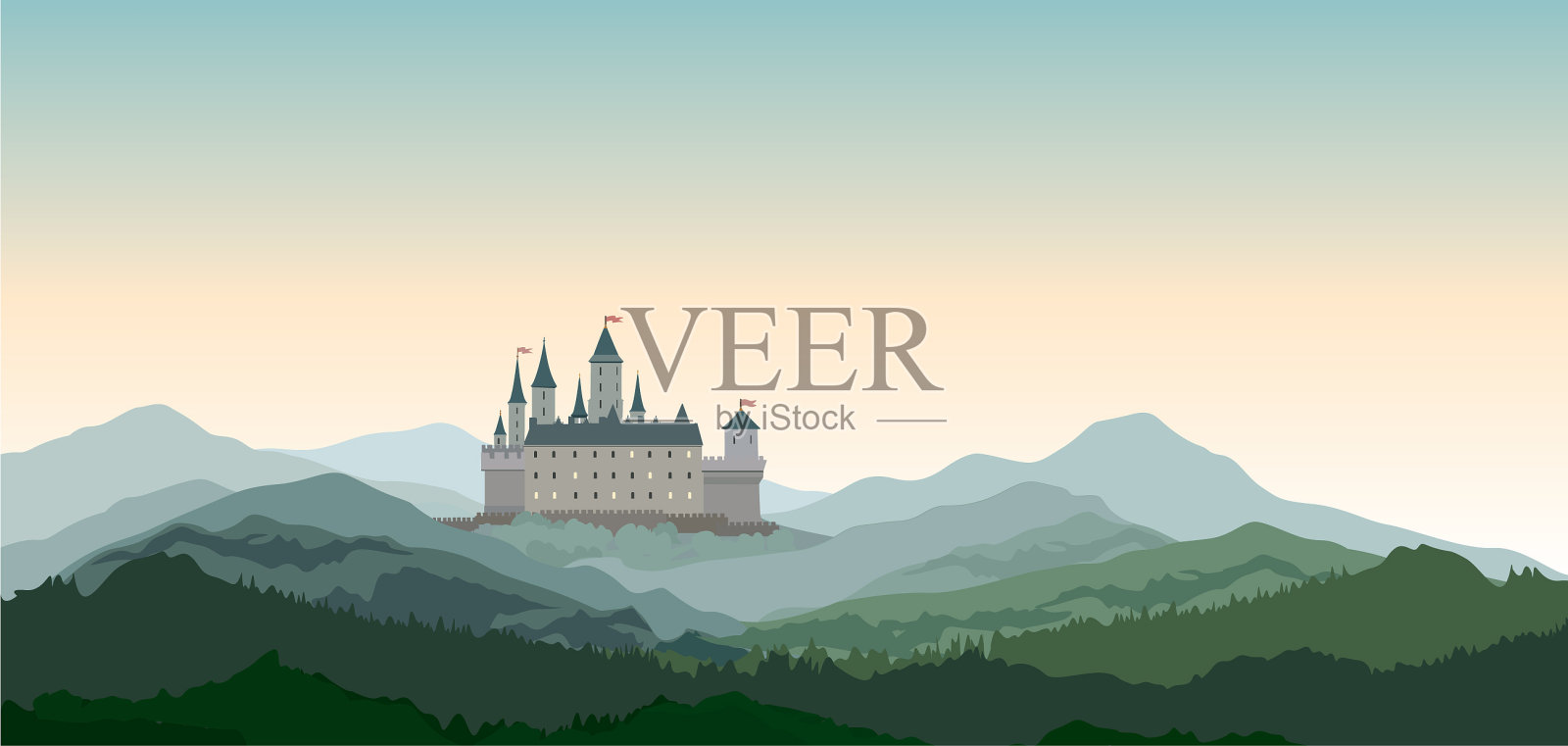 城堡山景观欧洲自然旅游插画图片素材