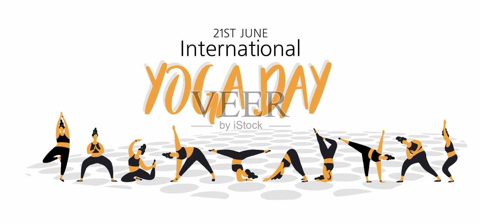 6月21日——国际瑜伽日。矢量插图，海报，传单或横幅的国际瑜伽日。女性的剪影。文本。插画图片素材