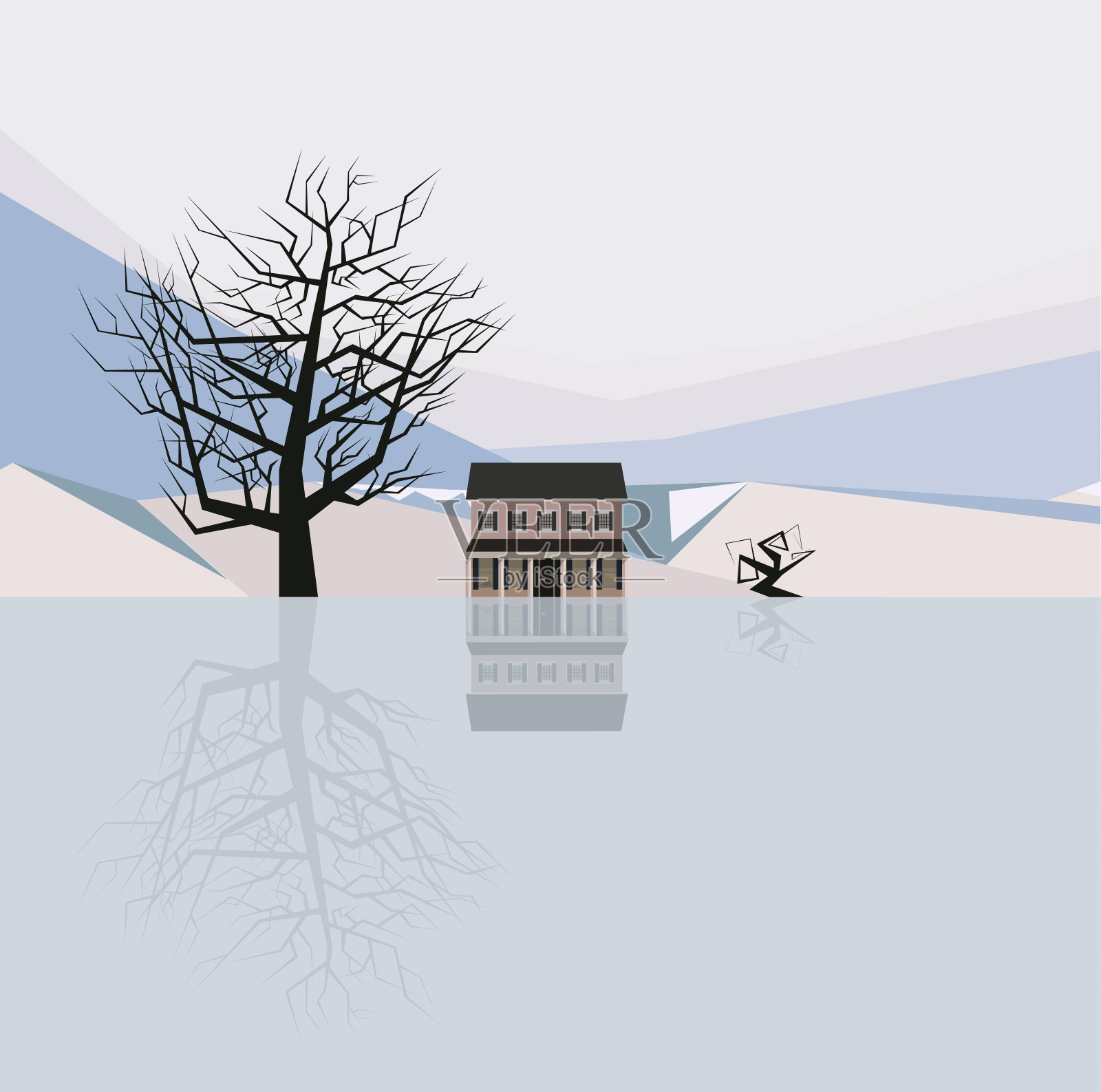 在一个冰湖上有一个黑暗的房子和一棵树，他们反映在一个透明的冰湖，矢量插图插画图片素材
