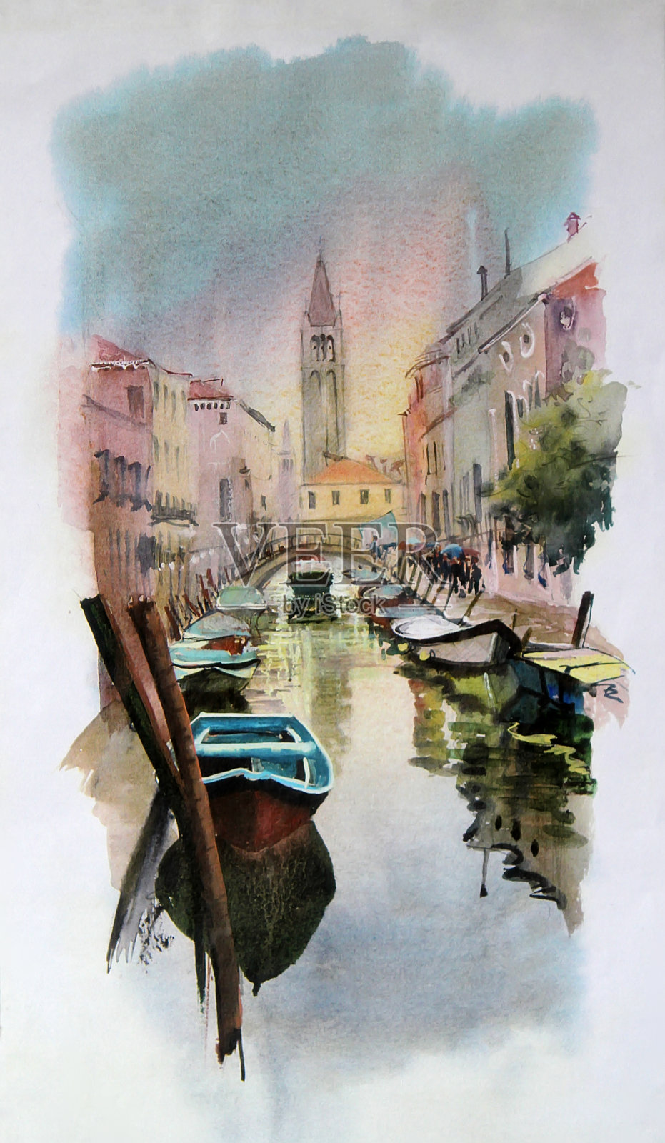 运河和威尼斯的船只和建筑插画图片素材