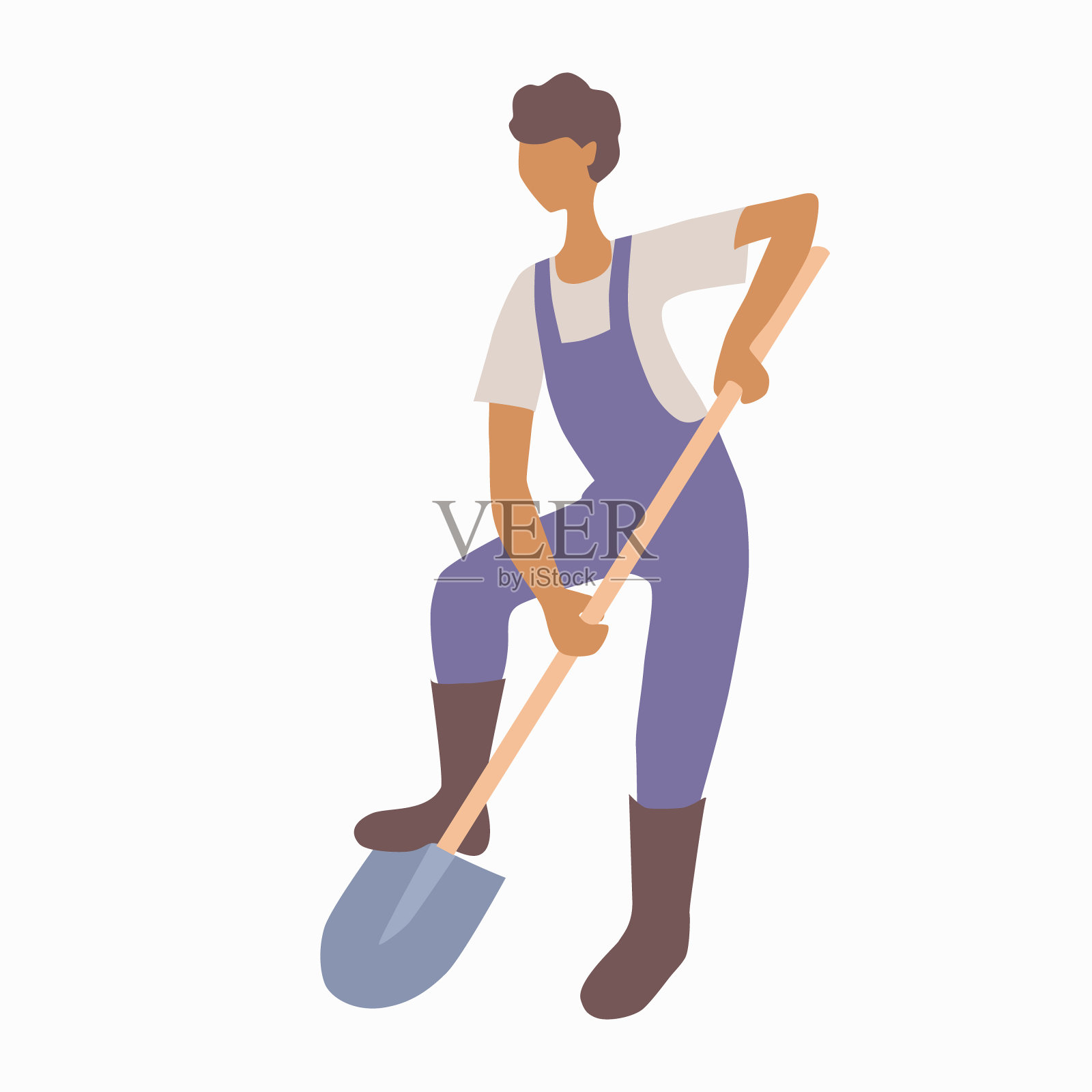 穿着工装裤和靴子的年轻人用铲子挖地。工人或园丁。土壤耕作。业余爱好或生意种植蔬菜或水果。设计元素图片