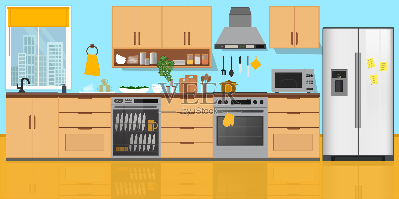 厨房内部，配有家具。平面风格矢量插图插画图片素材