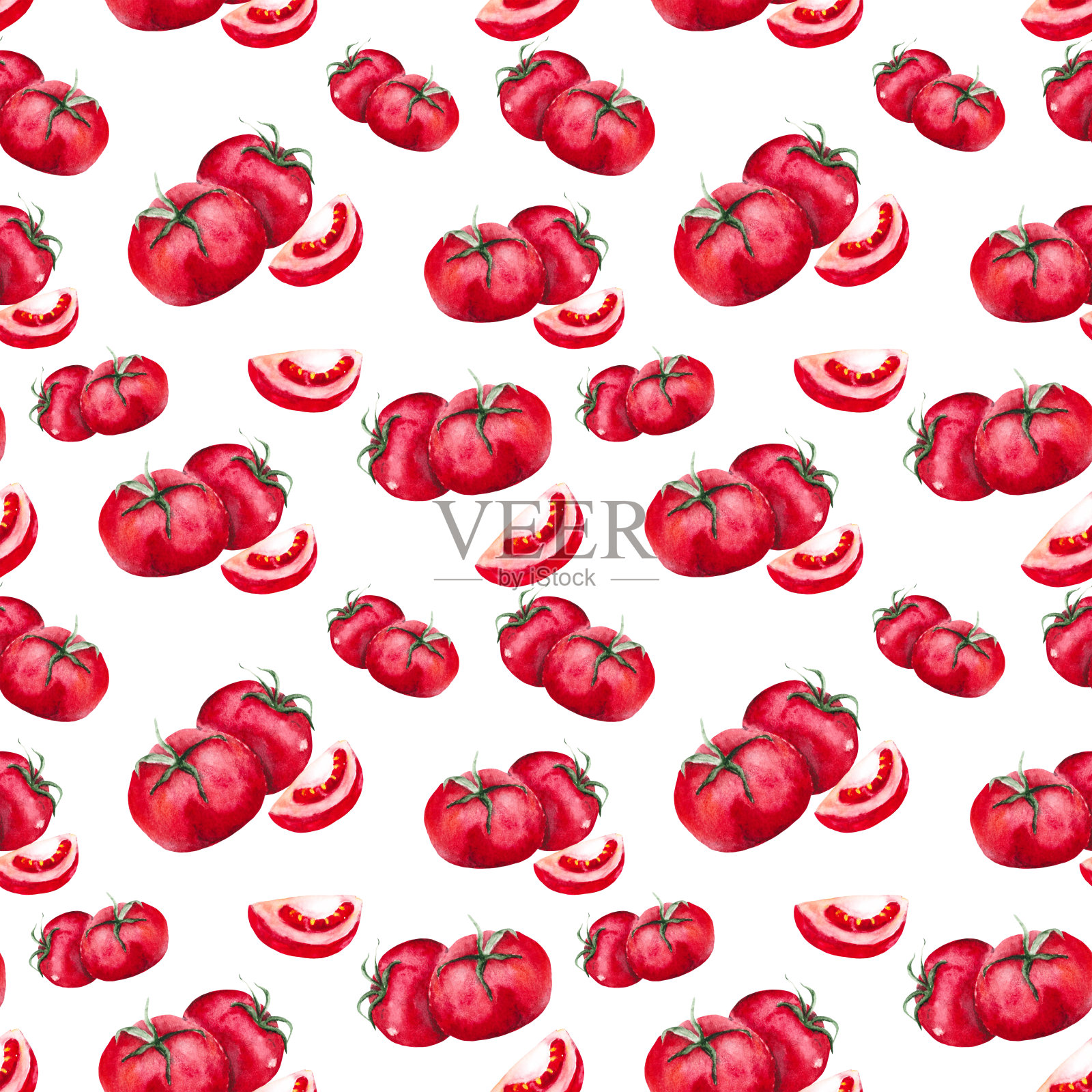 无缝图案，红色成熟的西红柿在白色的背景。以水彩背景为主题的美食和食品为纺织品，壁纸和包装。插画图片素材