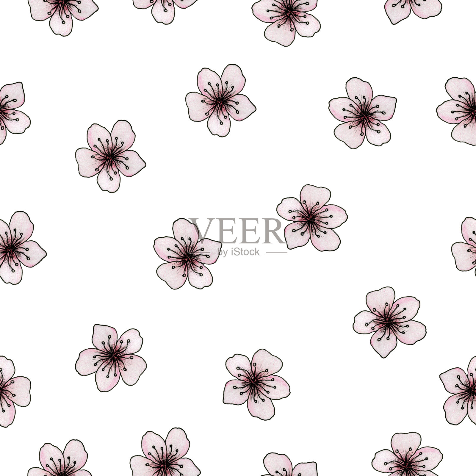 无缝花卉图案与小的粉红色樱花，明亮和简单的春天花装饰背景，包装或织物插画图片素材