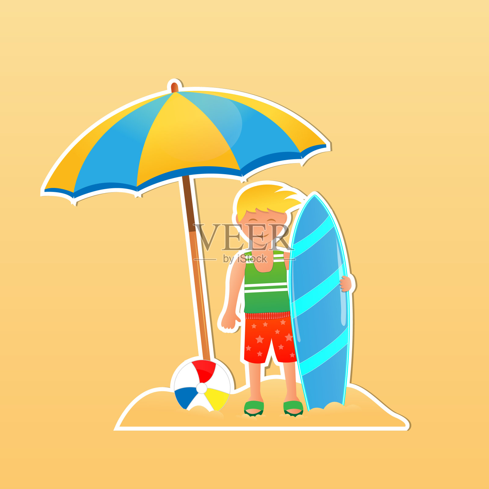 十几岁的男孩站在沙滩上拿着冲浪板，矢量插图贴纸设计插画图片素材