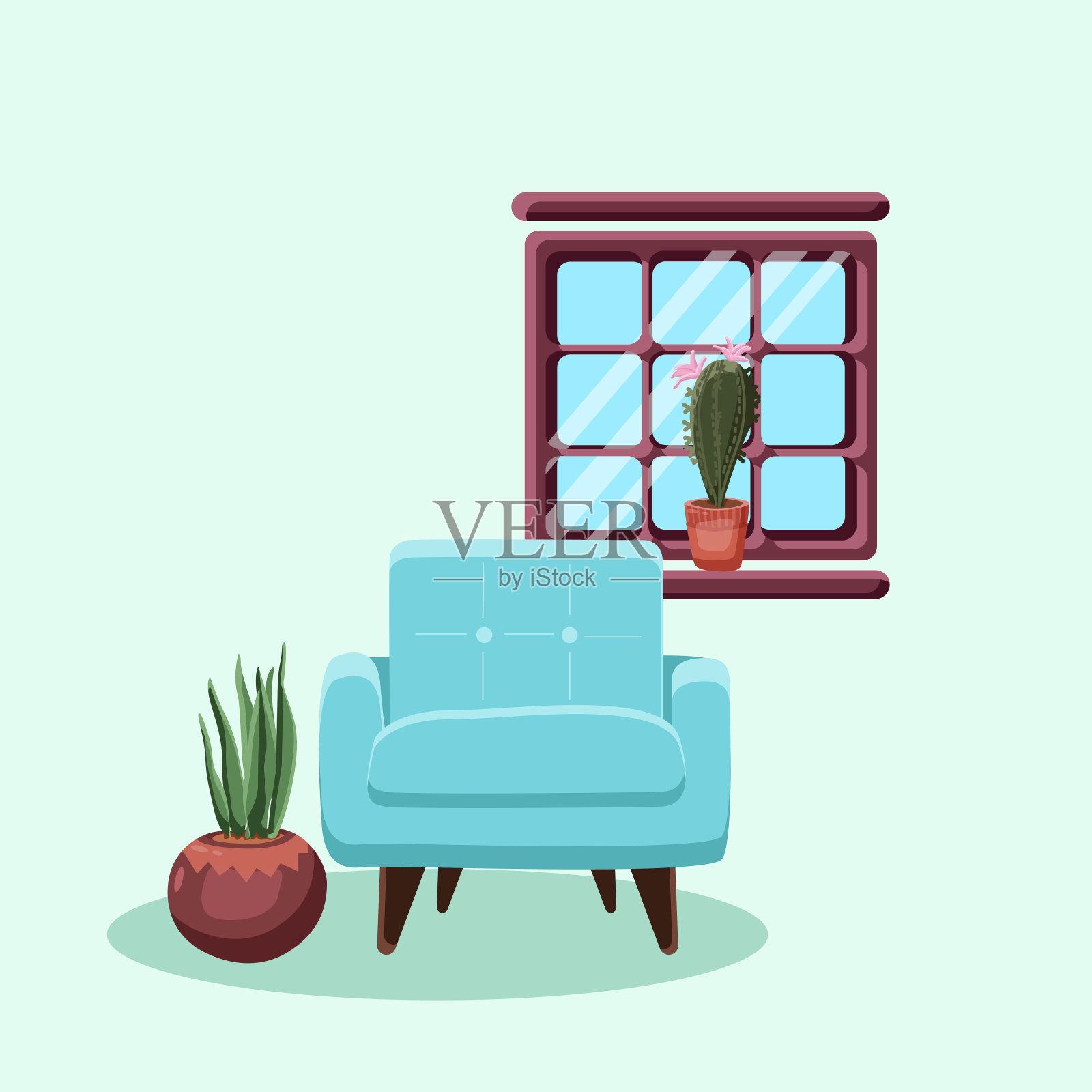 公寓内部有一把舒适的椅子，一扇开着花的仙人掌窗插画图片素材