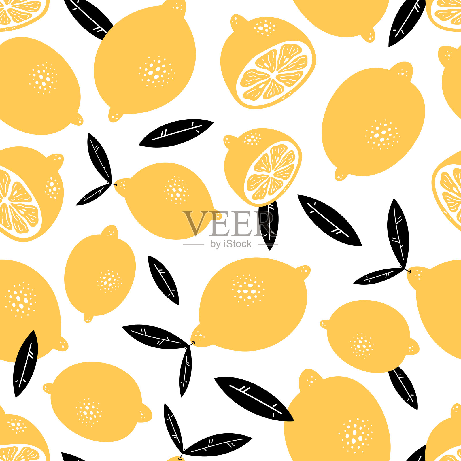 夏天用柠檬和叶子无缝图案。重复的背景。矢量打印织物或墙纸。插画图片素材