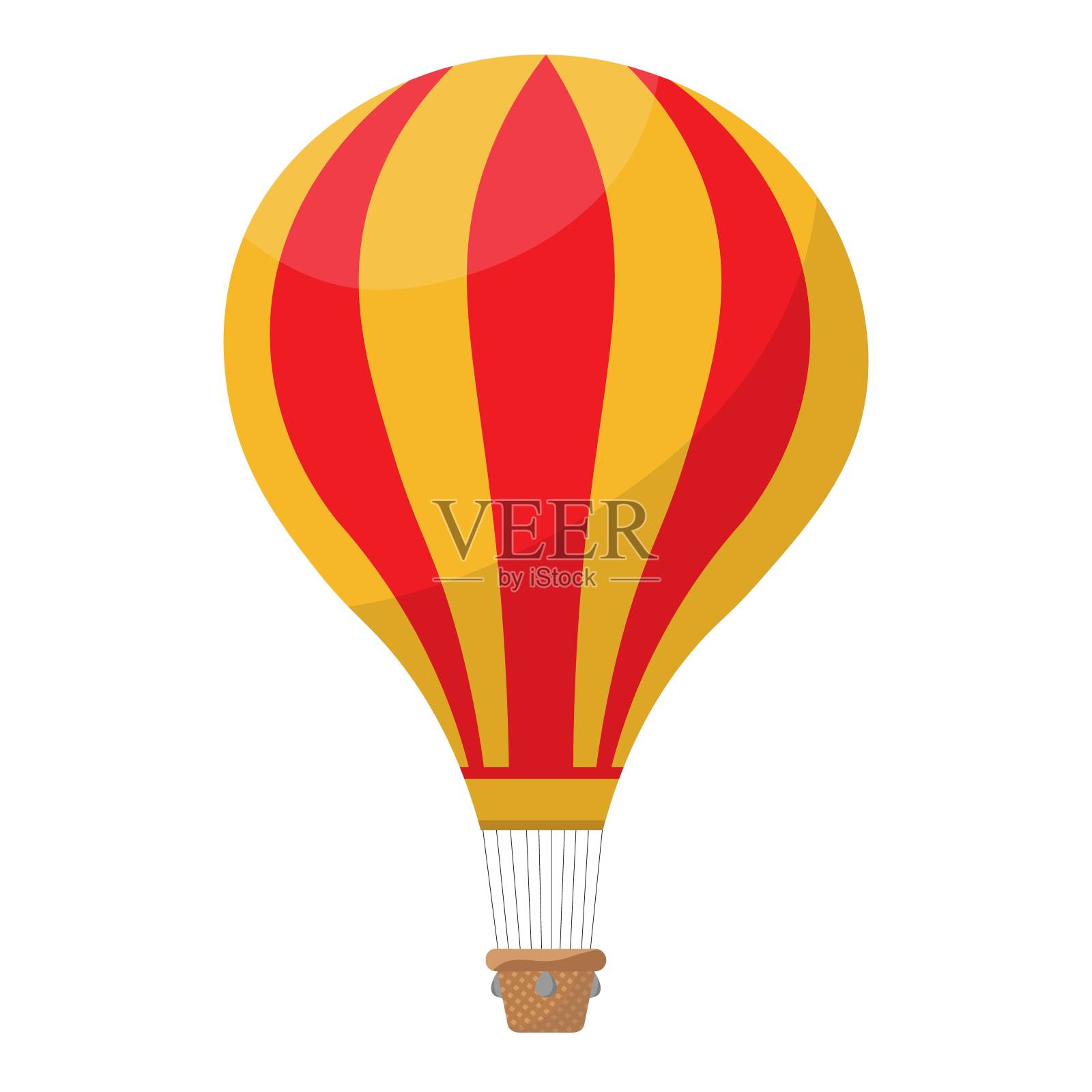 热气球。平面动画设计。红黄颜色。木手工篮子。矢量插图。设计元素图片