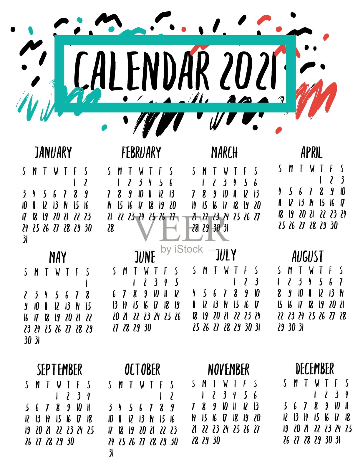 日历2021在英语与名称的月份，工作日。日历网格模板。手写字母报价日历设计，手绘风格，矢量插图设计模板素材