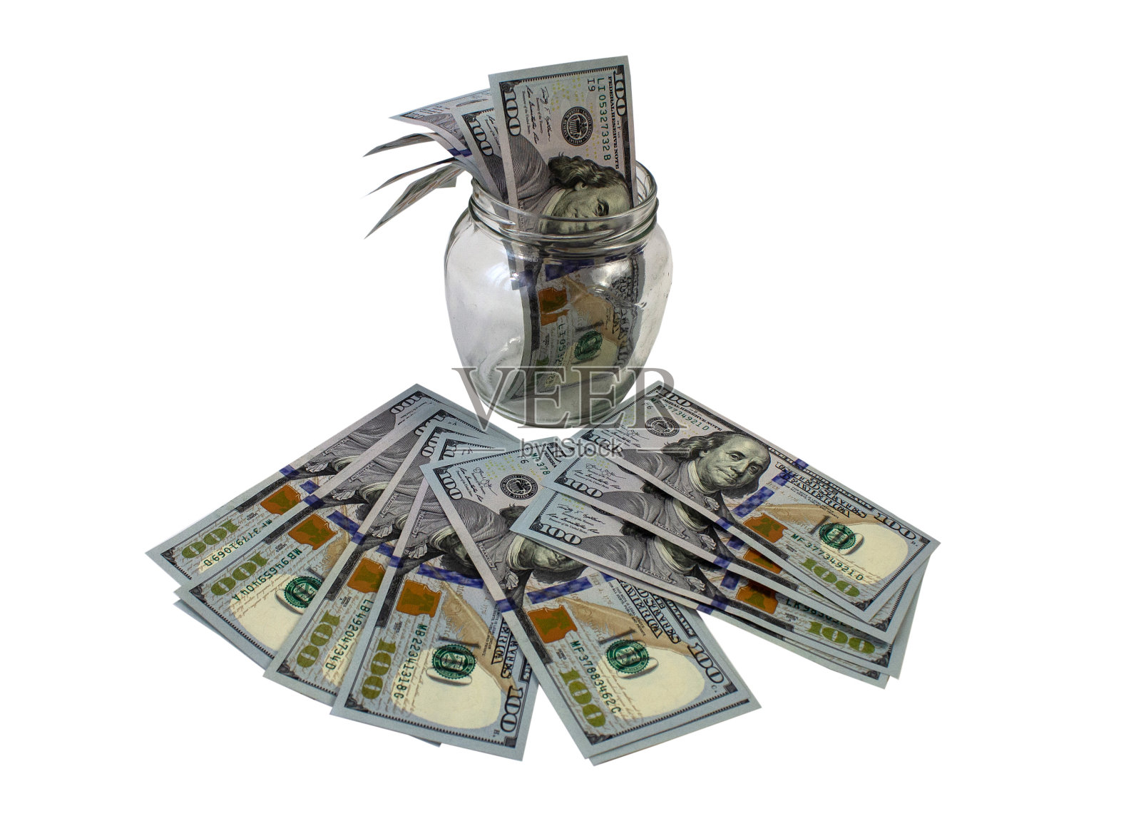 孤立的白色背景美元在一个玻璃罐中，象征着危机，腐败，财富，囤积照片摄影图片