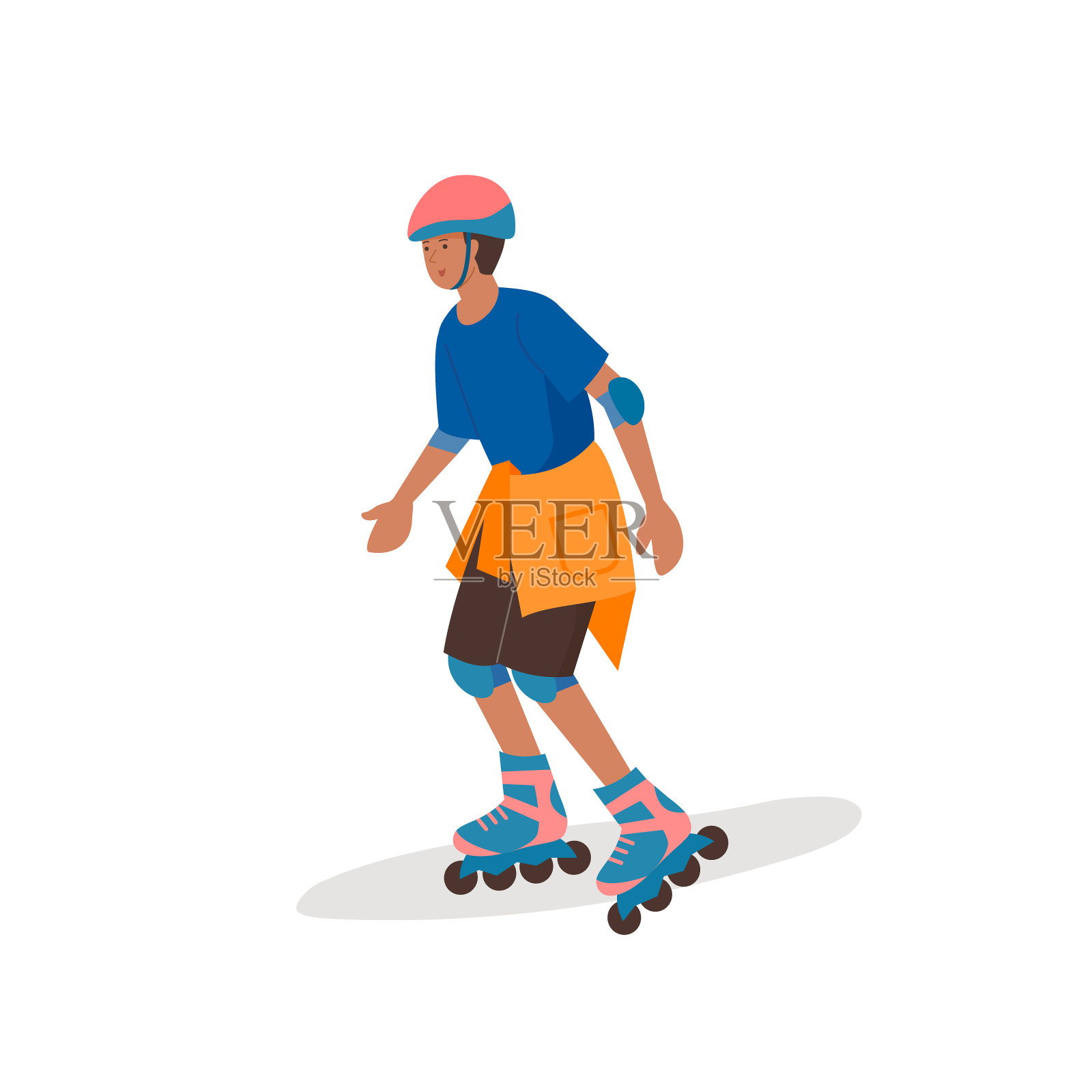 一个戴着头盔和防护装备的男孩骑在滚轮上插画图片素材
