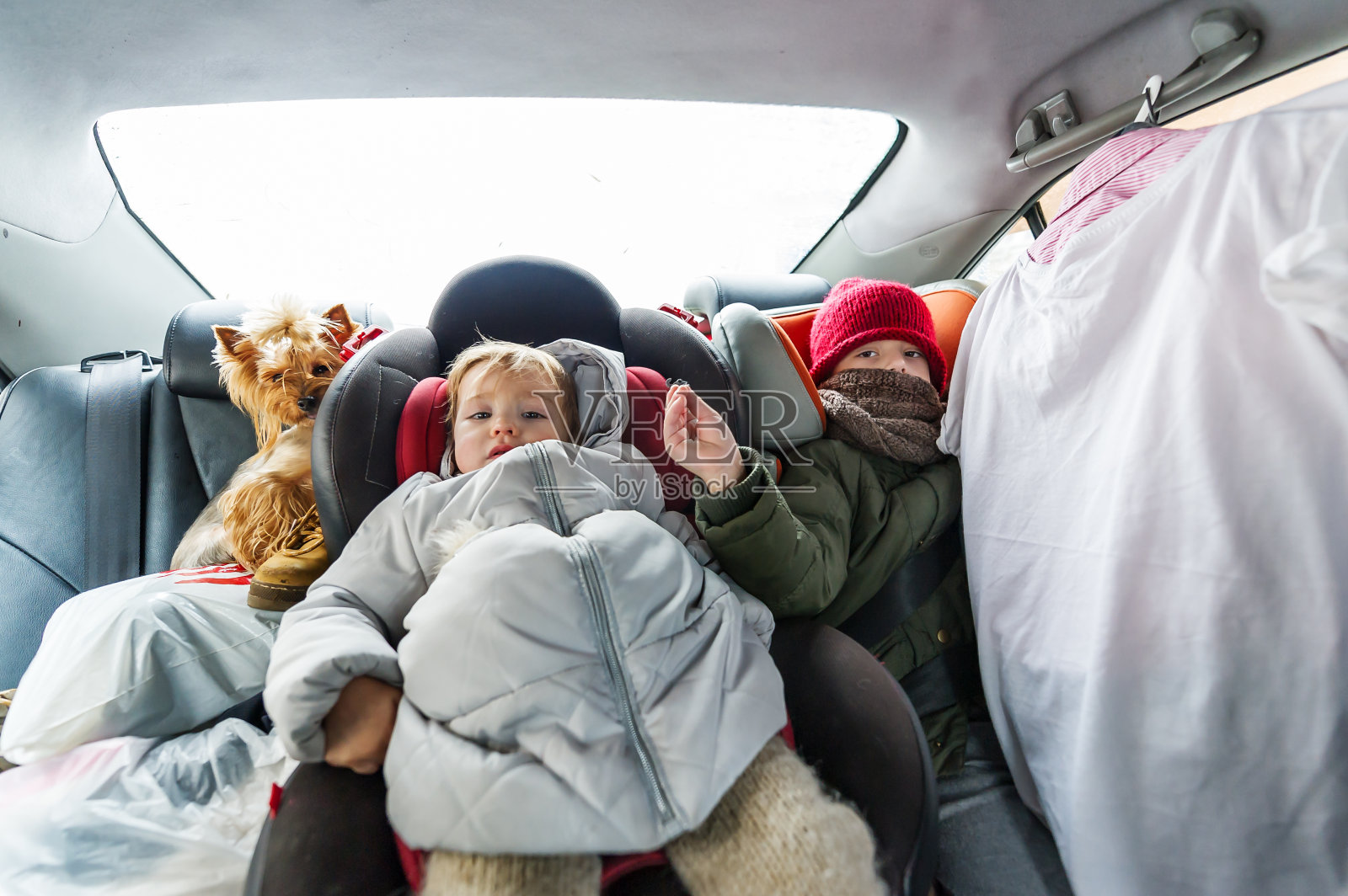 冬天的时候，两个穿着暖和衣服的孩子坐在车里。照片摄影图片