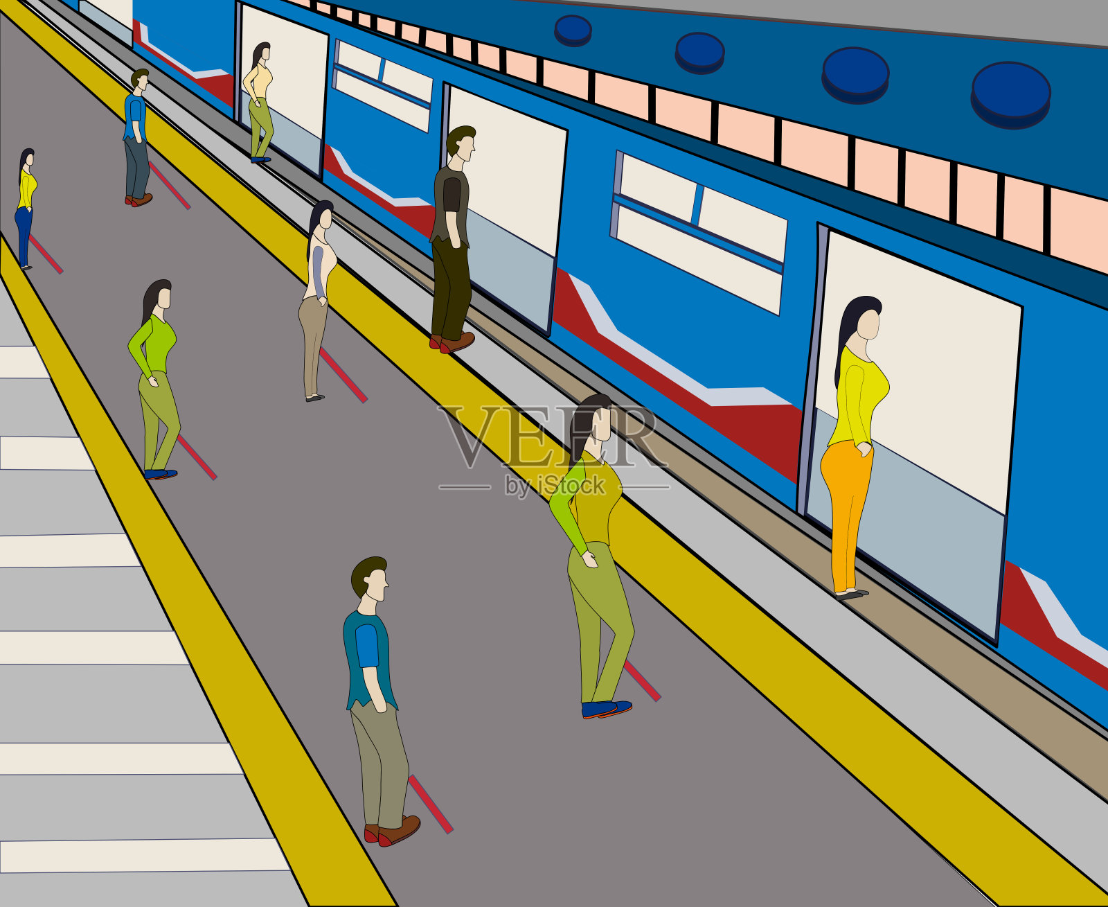 人们在地铁站排队等车，与适当的社会距离。插画图片素材
