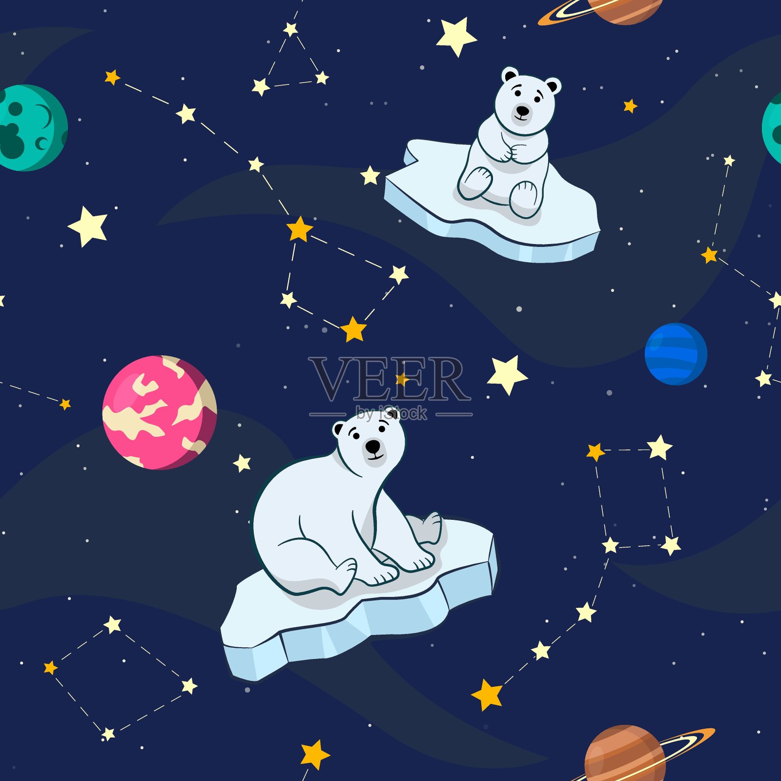 无缝图案，北极熊在太空的一块浮冰上。手绘插图插画图片素材