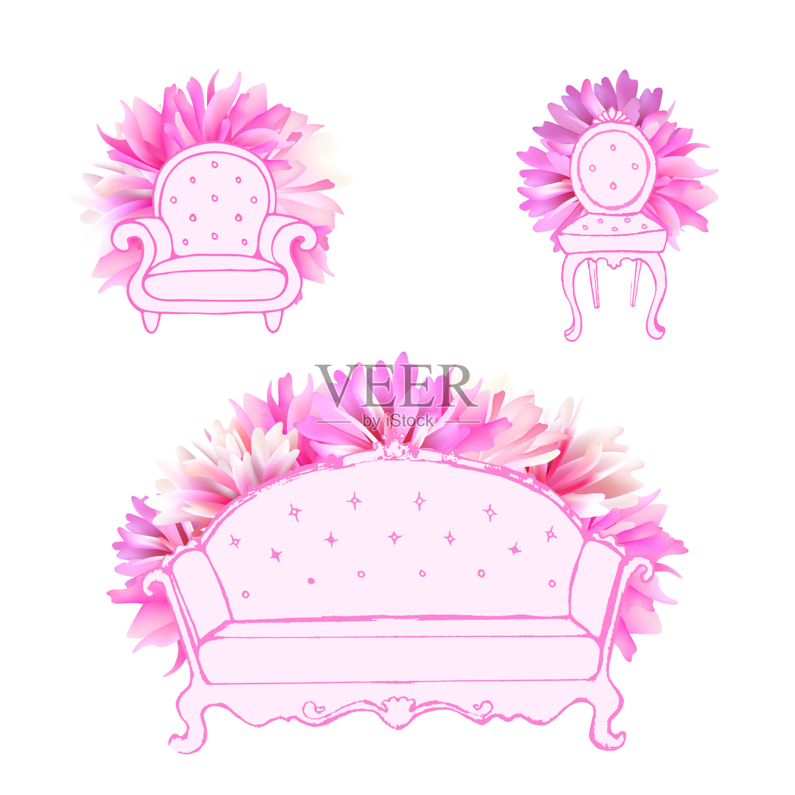 一个老式的沙发，椅子，扶手椅的框架是牡丹花瓣。春天的花装饰。古董家具与花卉装饰。设计元素图片