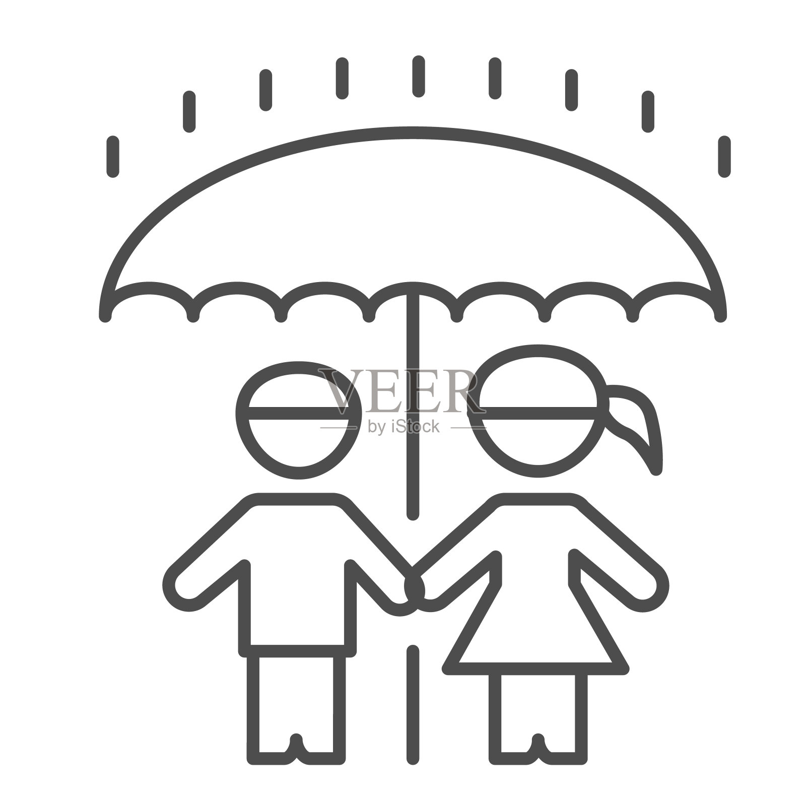 儿童伞下的细线图标，6月1日儿童保护日概念，男孩和女孩站在雨下一个大伞标志，白色背景轮廓风格的手机和网页。图标素材