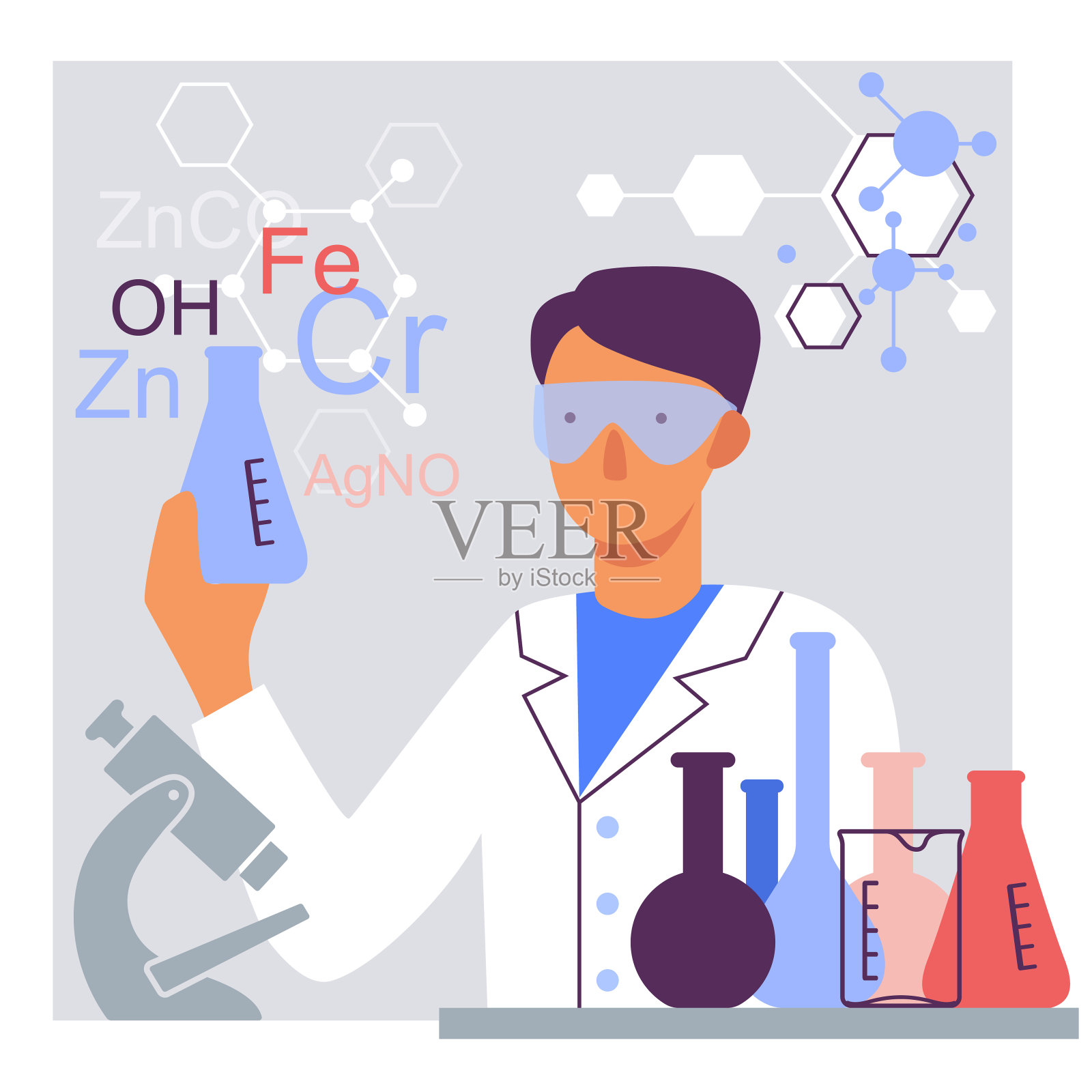 一个在实验室里拿着烧瓶的化学家的程式化图像插画图片素材