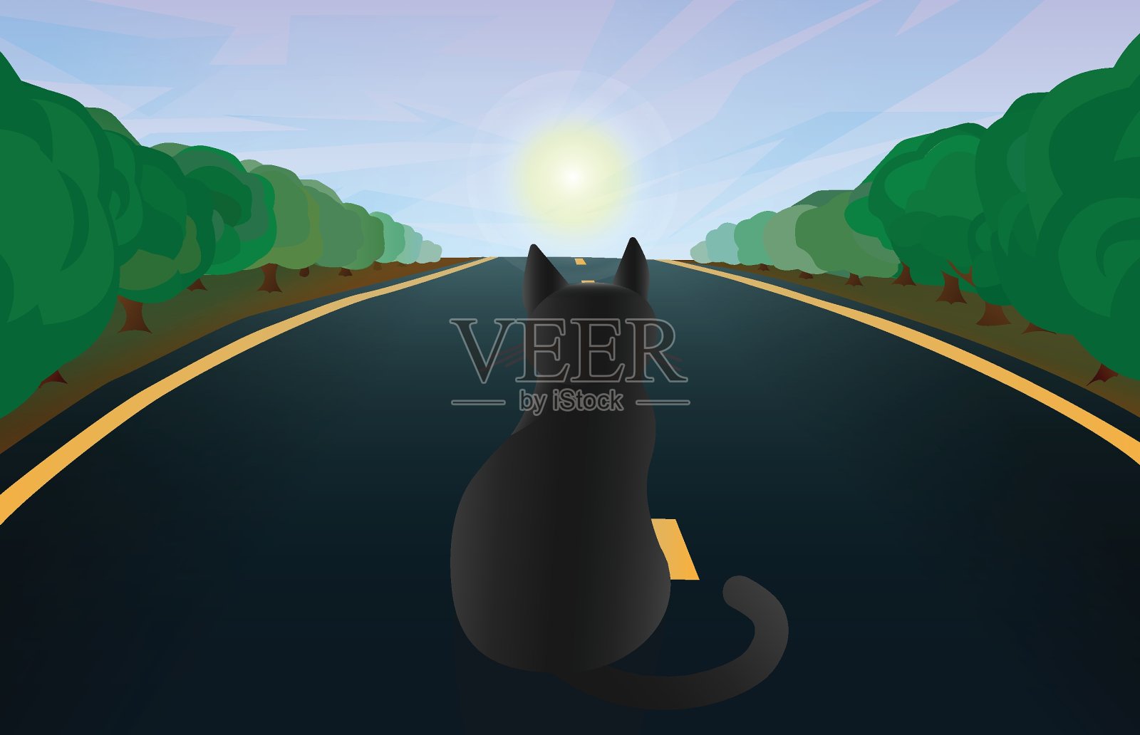 黑猫在云下的路上。矢量插图与宠物坐在沥青为背景，墙纸，海报，横幅，卡片。旅游景观与道路和日出插画图片素材
