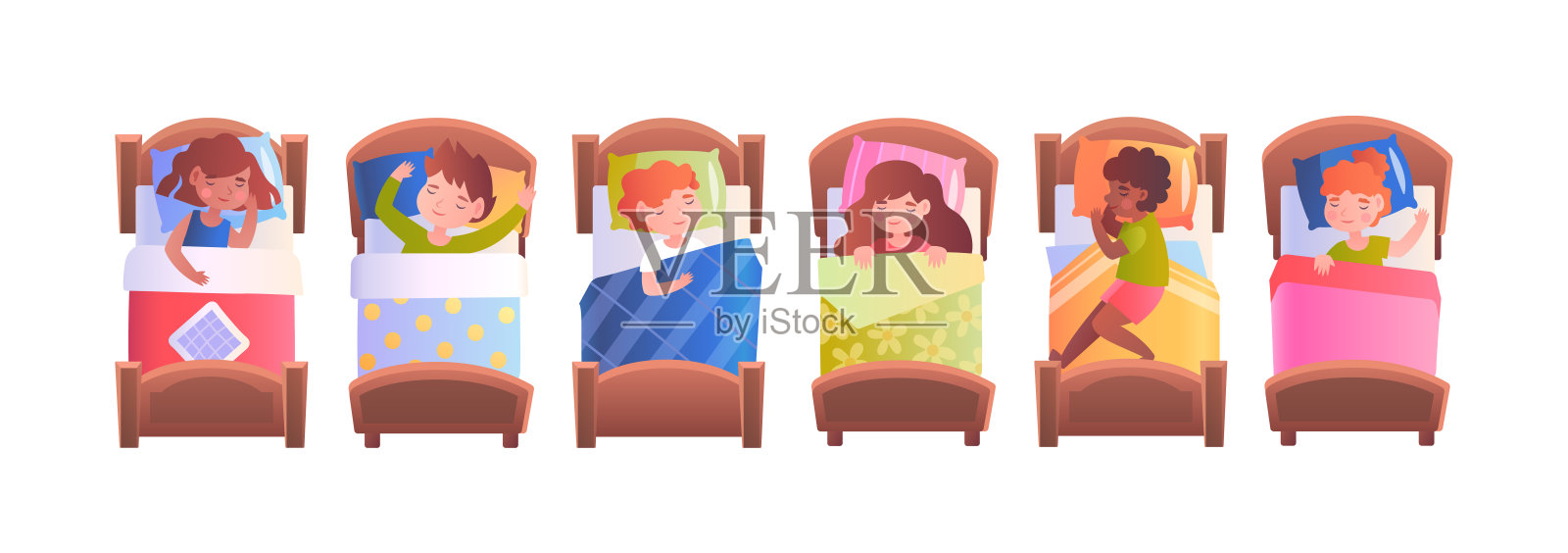 六个不同的孩子睡在床上插画图片素材