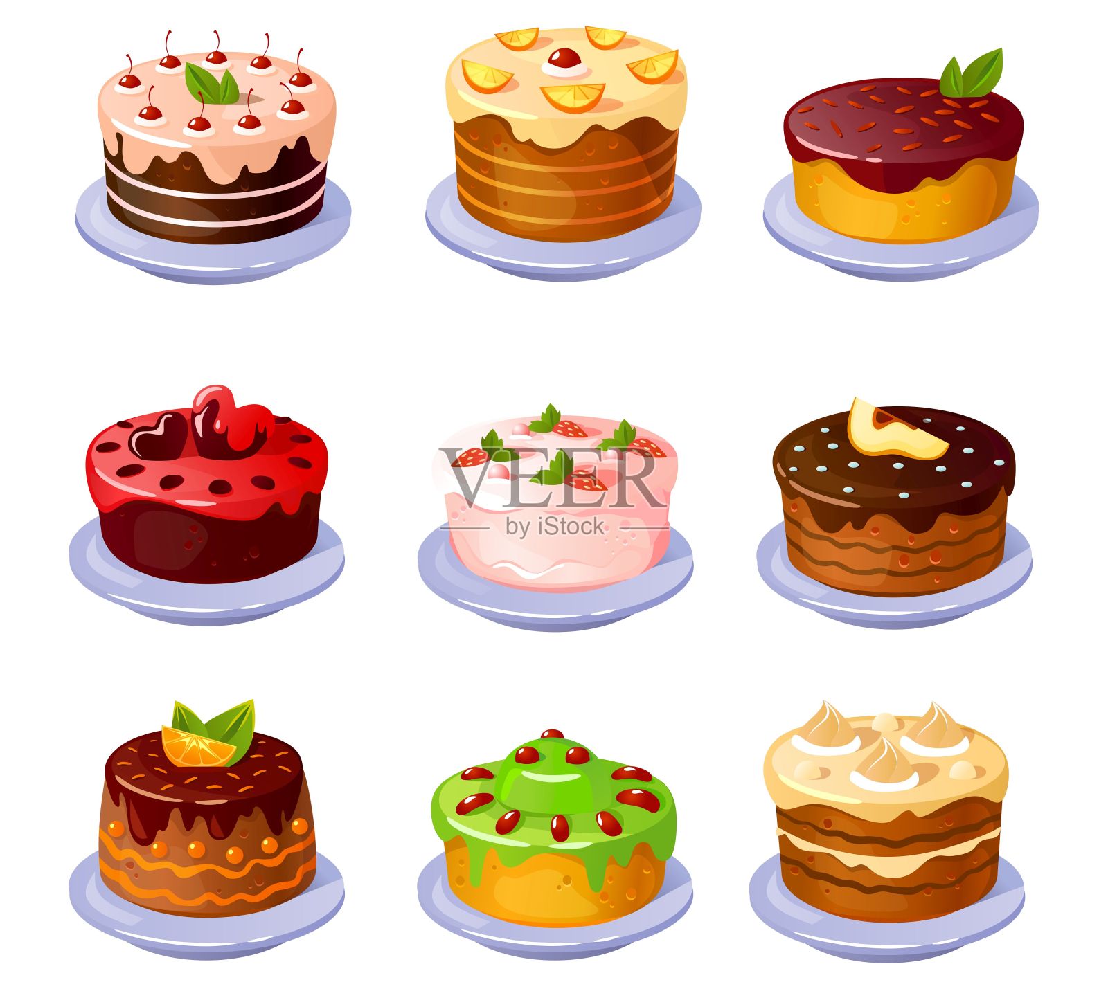一套不同的美味多彩的蛋糕与水果设计元素图片