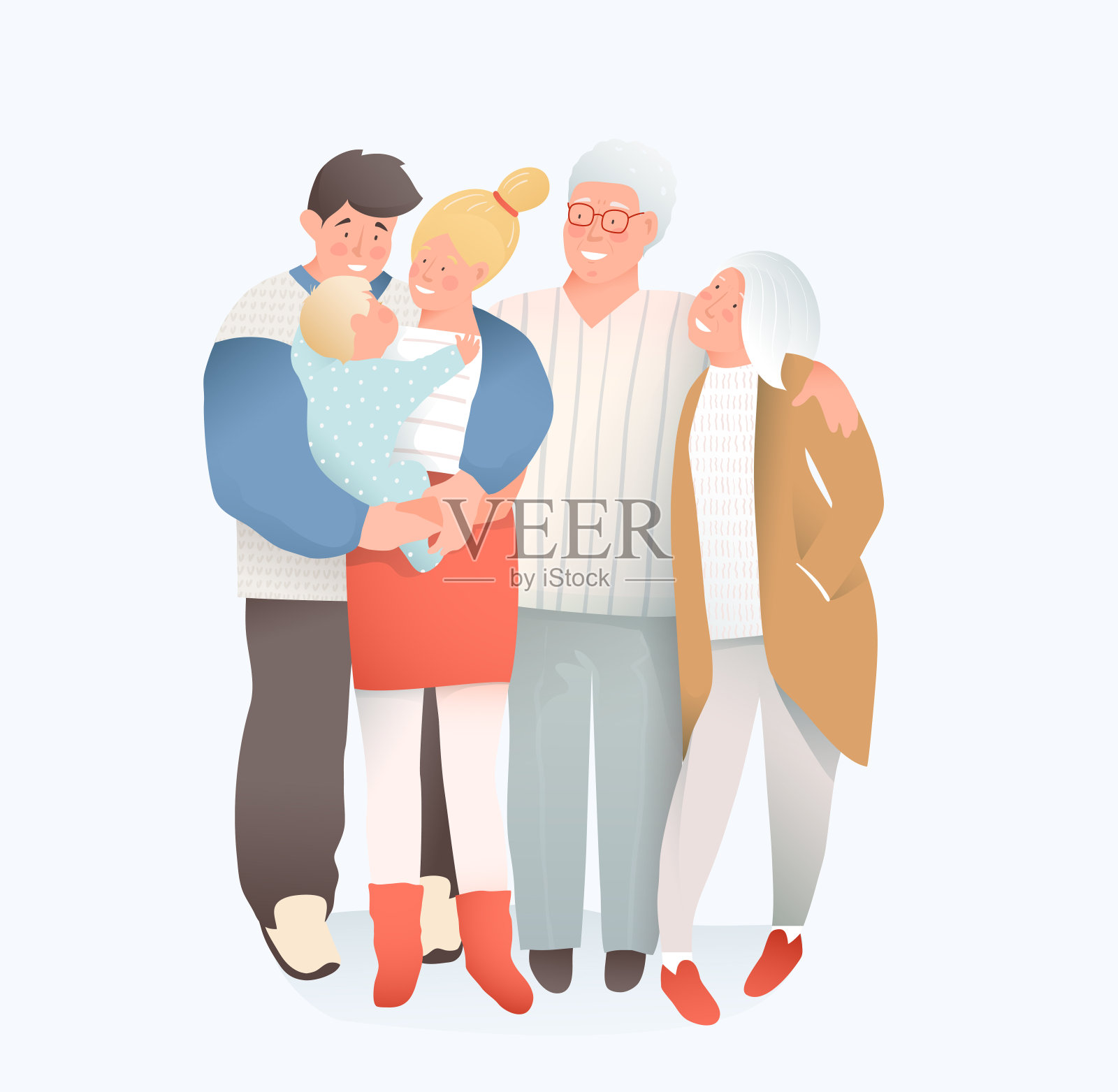 年轻的母亲和父亲，祖父和祖母大家庭与一个亲密的婴儿拥抱在一起。插画图片素材