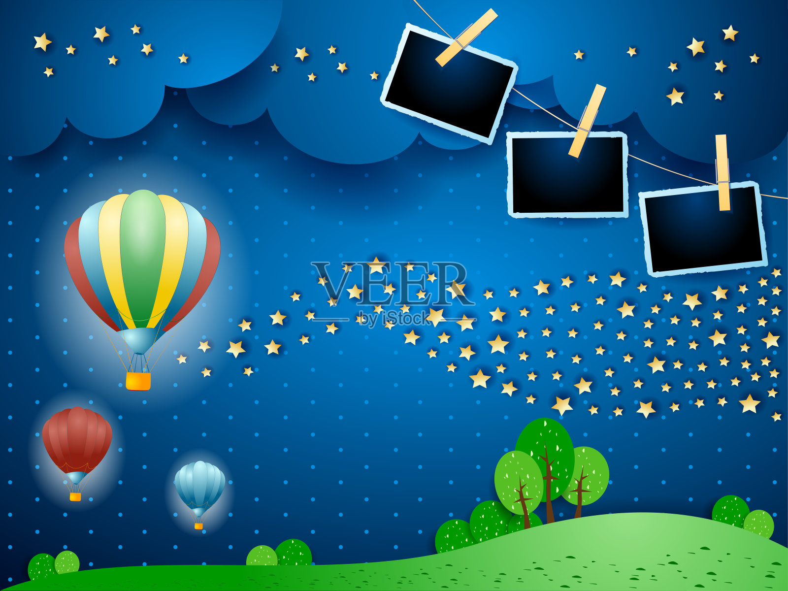 气球，星星和相框的梦幻之夜插画图片素材