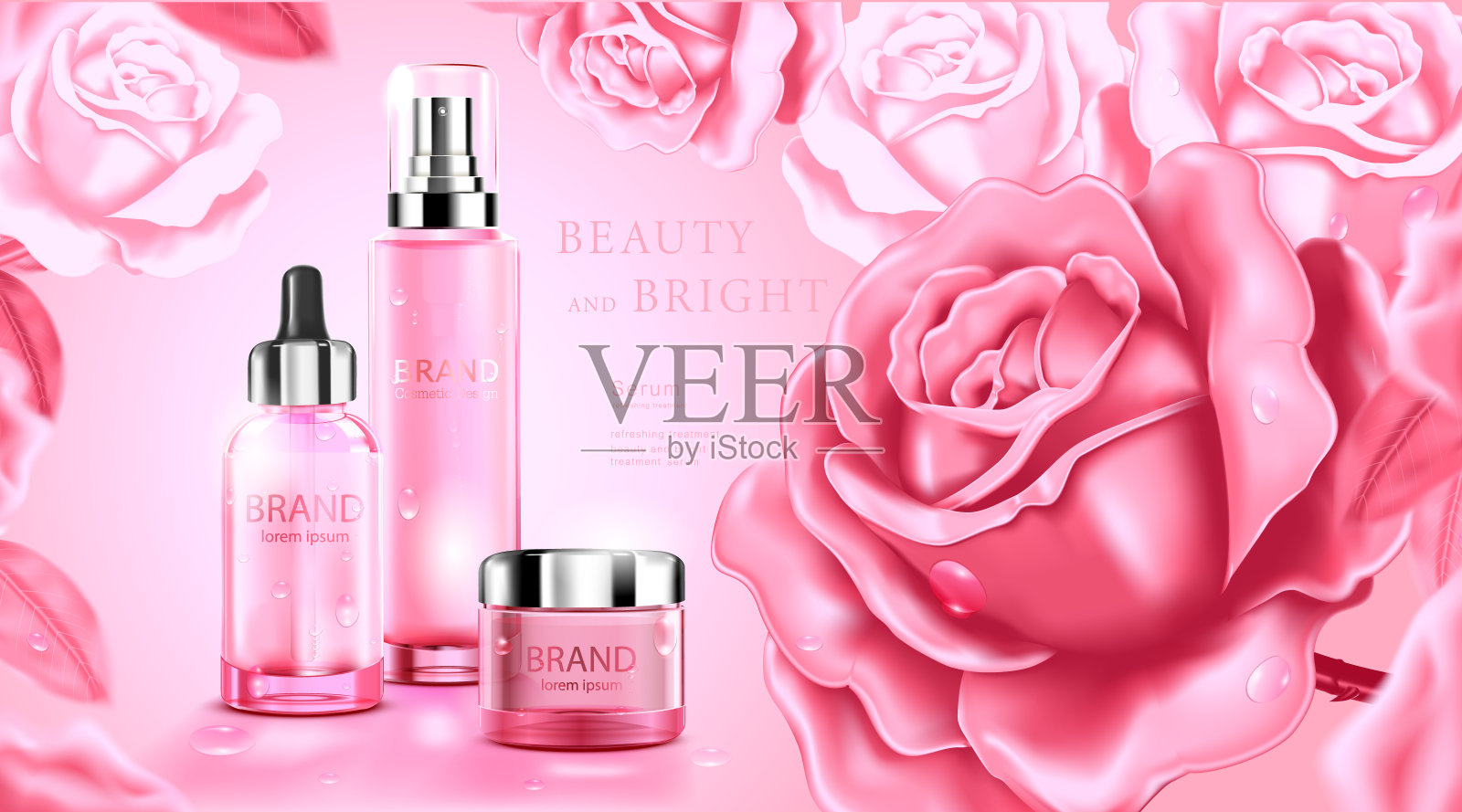 豪华化妆品瓶包装护肤霜，美妆产品海报，以玫瑰和粉红色的颜色背景设计模板素材