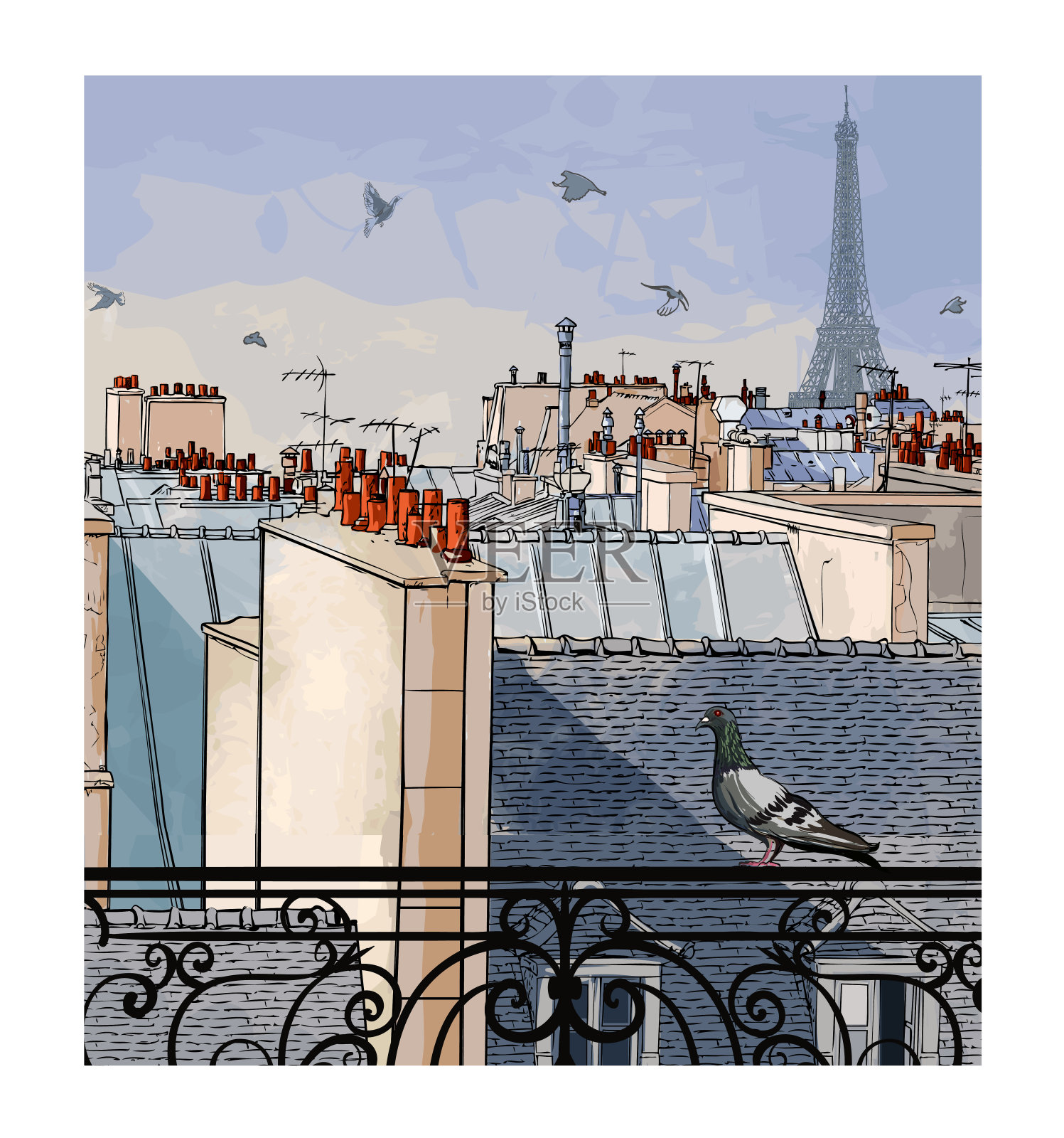 空中俯瞰巴黎的城市景观插画图片素材