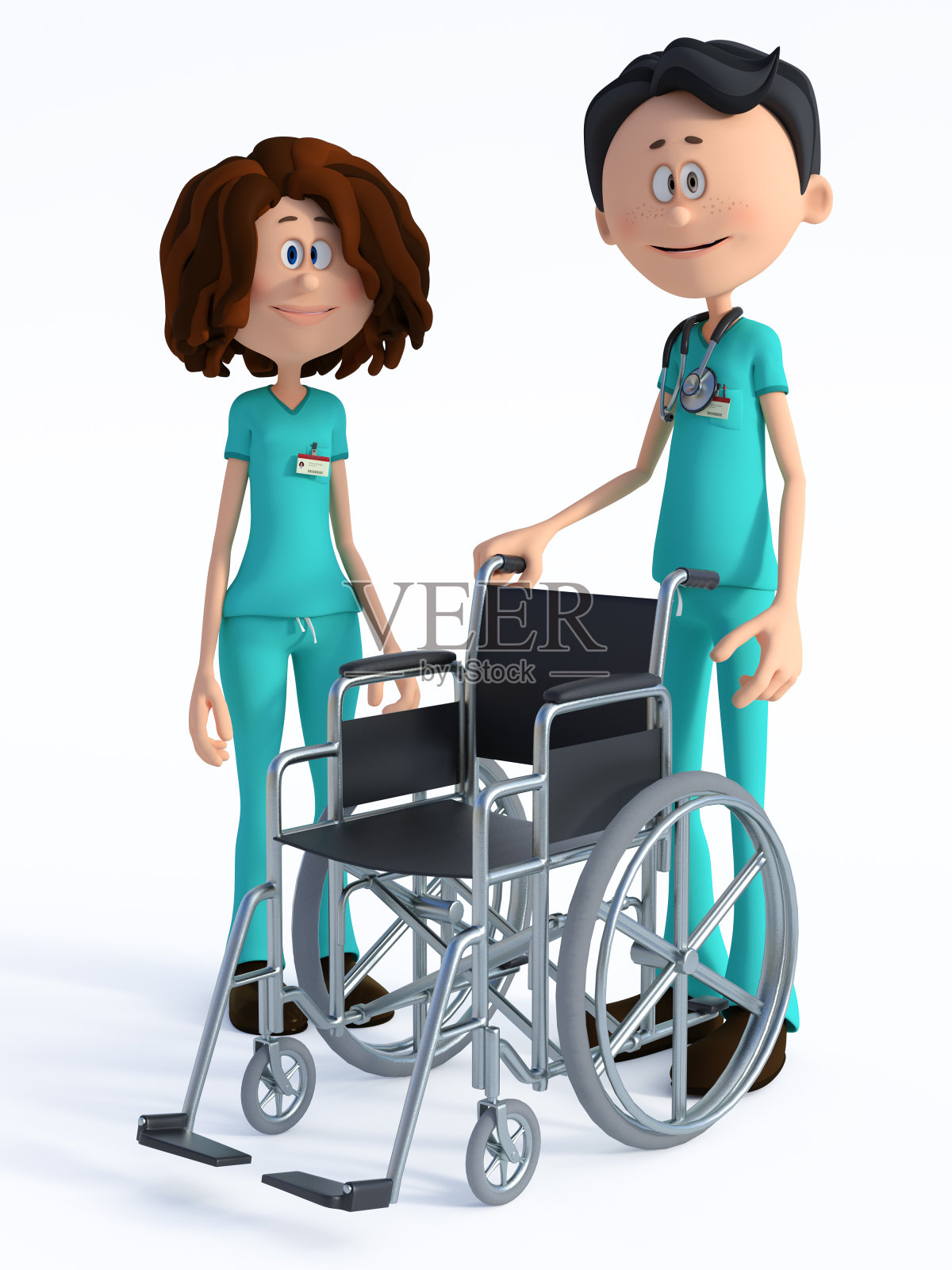 3D渲染的卡通医生和护士与轮椅。照片摄影图片