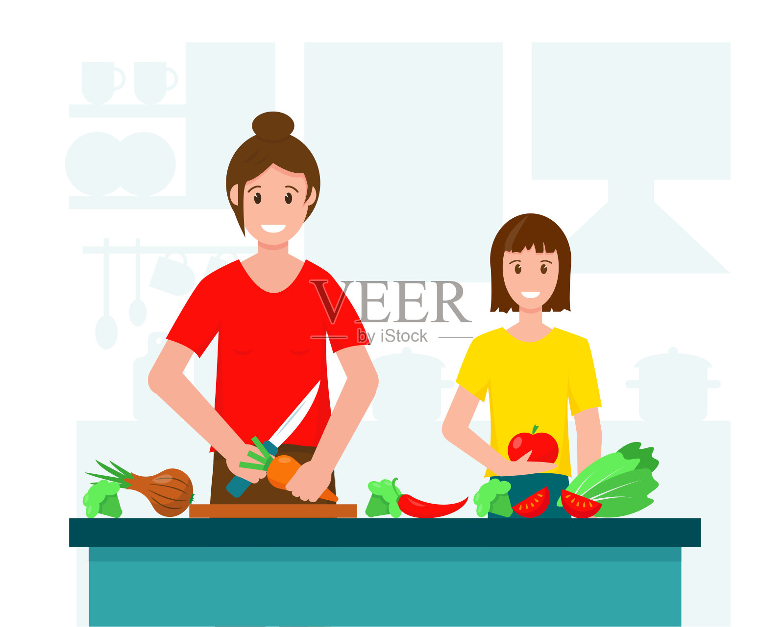 母女俩在厨房里做沙拉。家庭的概念设计。矢量插图上的白色背景。设计元素图片