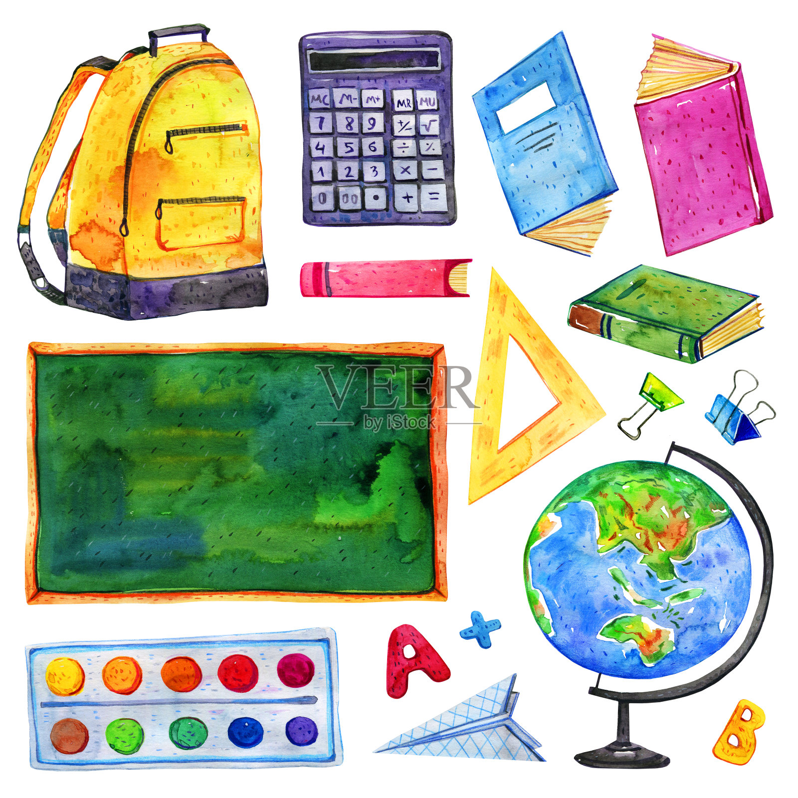 学校的对象集。手绘水彩素描插图。独立背包，书籍，纸板，地球仪，颜料，计算器插画图片素材