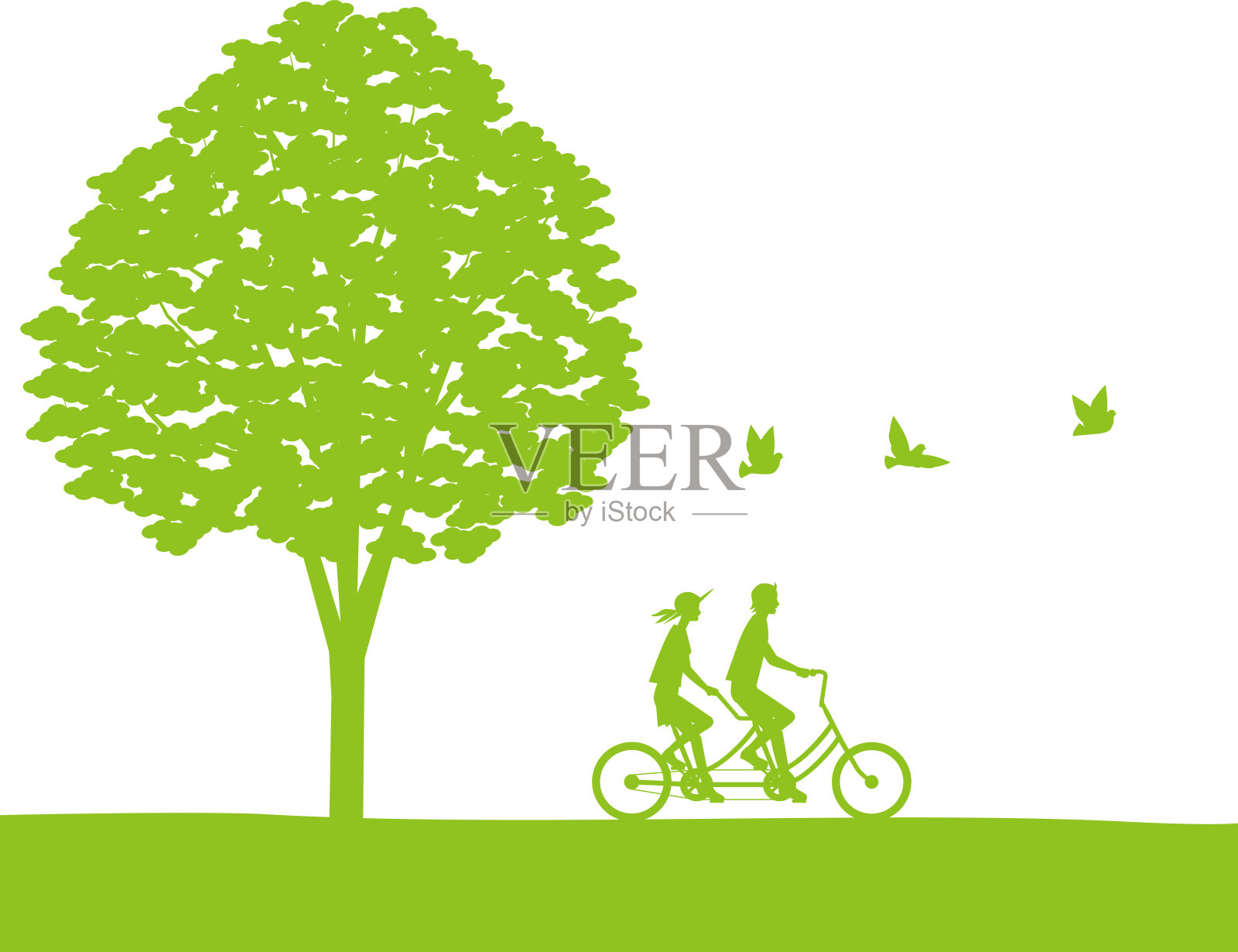 一对夫妇在树下骑双人自行车插画图片素材