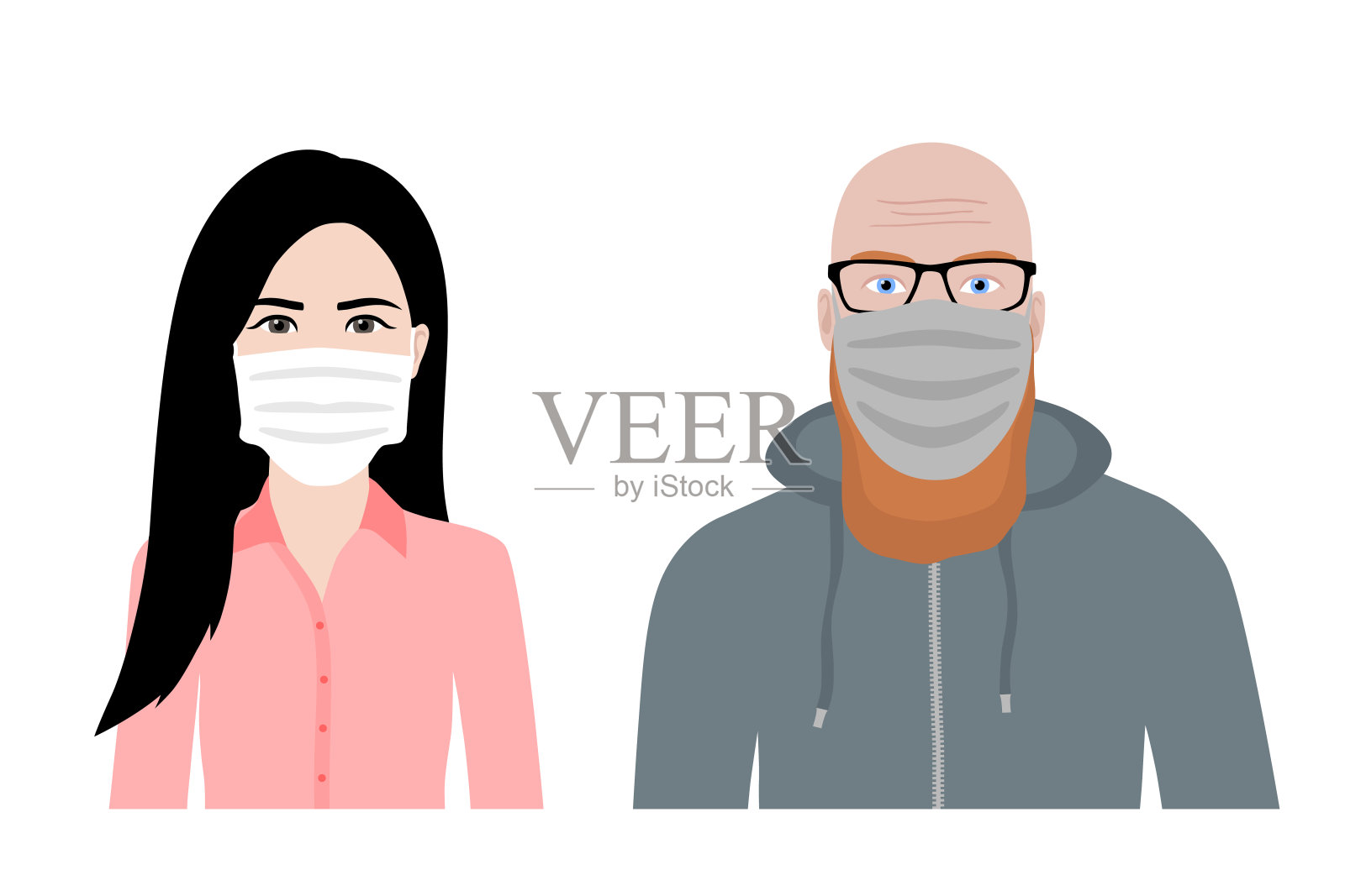 正面卡通向量组，一名留着姜胡子的男子和一名戴着防护口罩的亚洲妇女- covid-19安全措施，限制，覆盖脸部，防止病毒传播设计元素图片