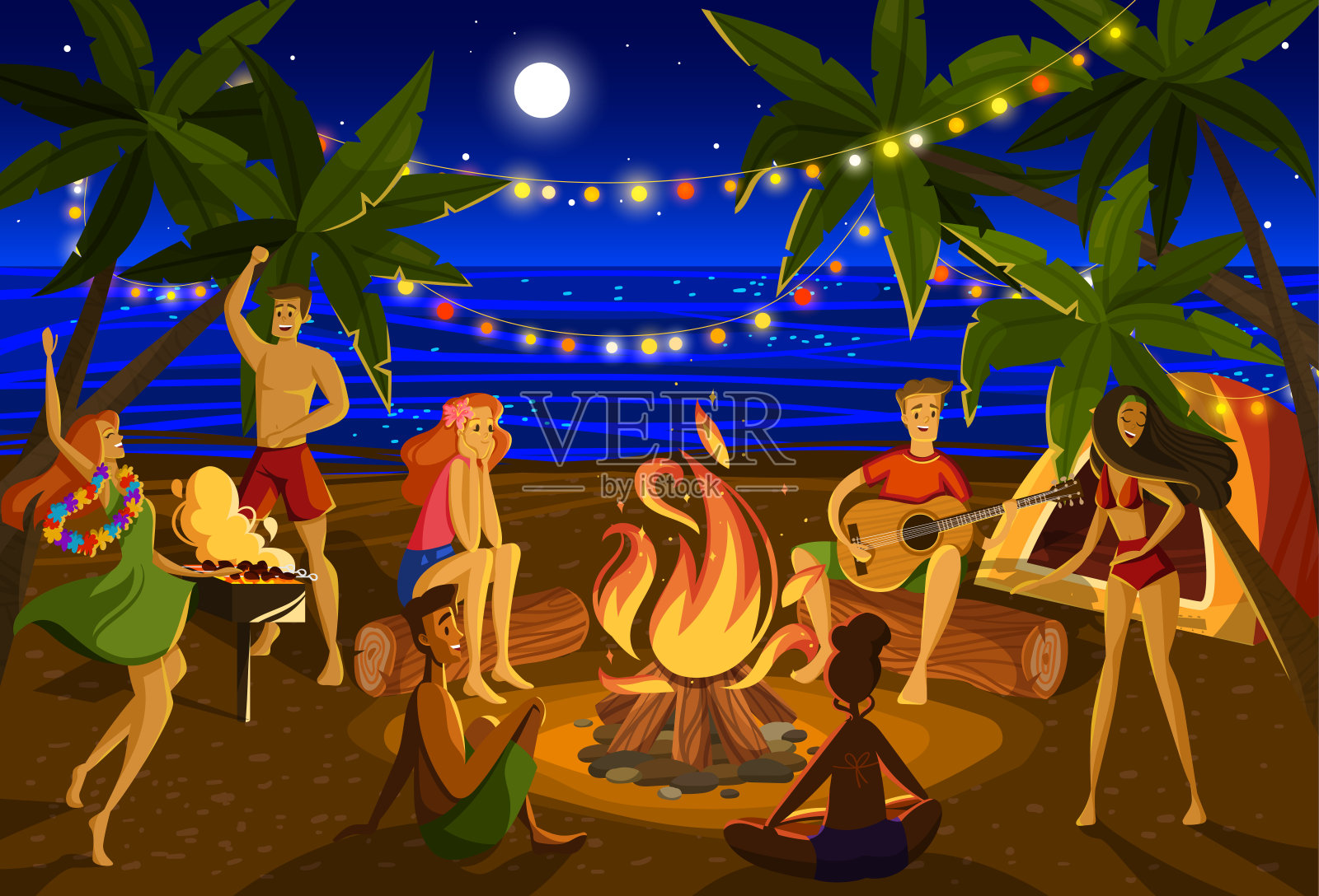 年轻人在海滩夜派对，卡通人物围绕篝火在异国情调的岛屿，矢量插图插画图片素材