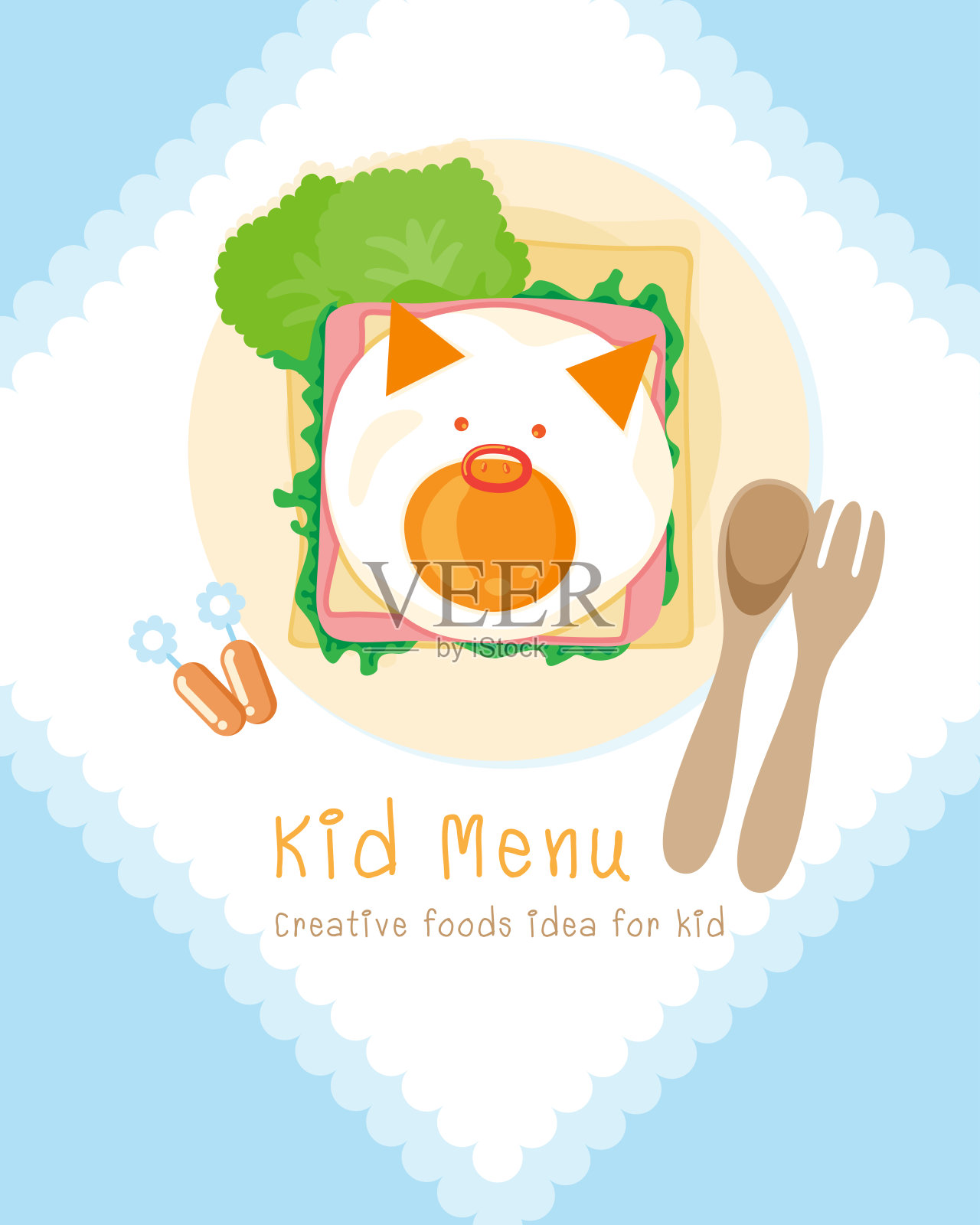 创意儿童早餐，可爱的三明治，鸡蛋，西红柿，可爱的食物风格，矢量插图插画图片素材