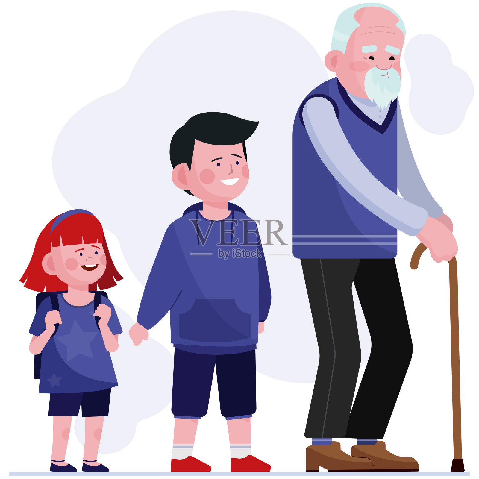 拄着拐杖带着孙子走路的老人插画图片素材
