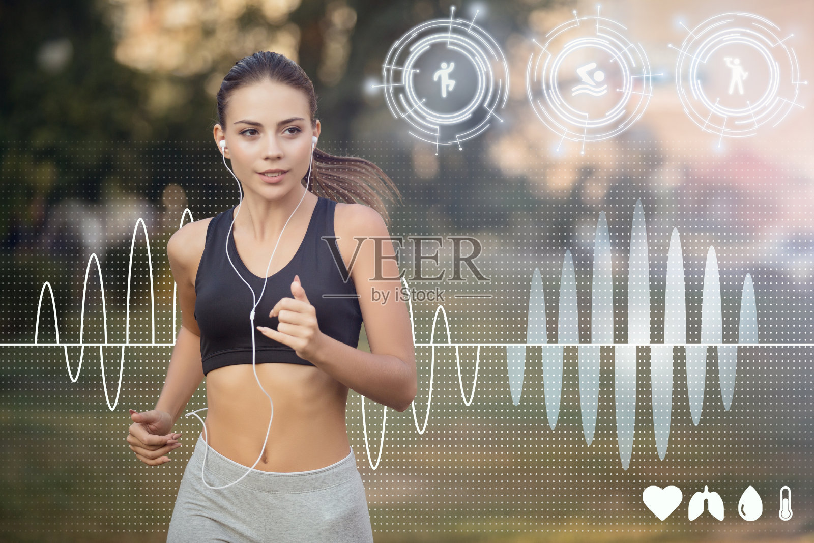 年轻的慢跑者戴着耳机在户外锻炼和听音乐。拼贴与健康信息在虚拟屏幕上照片摄影图片