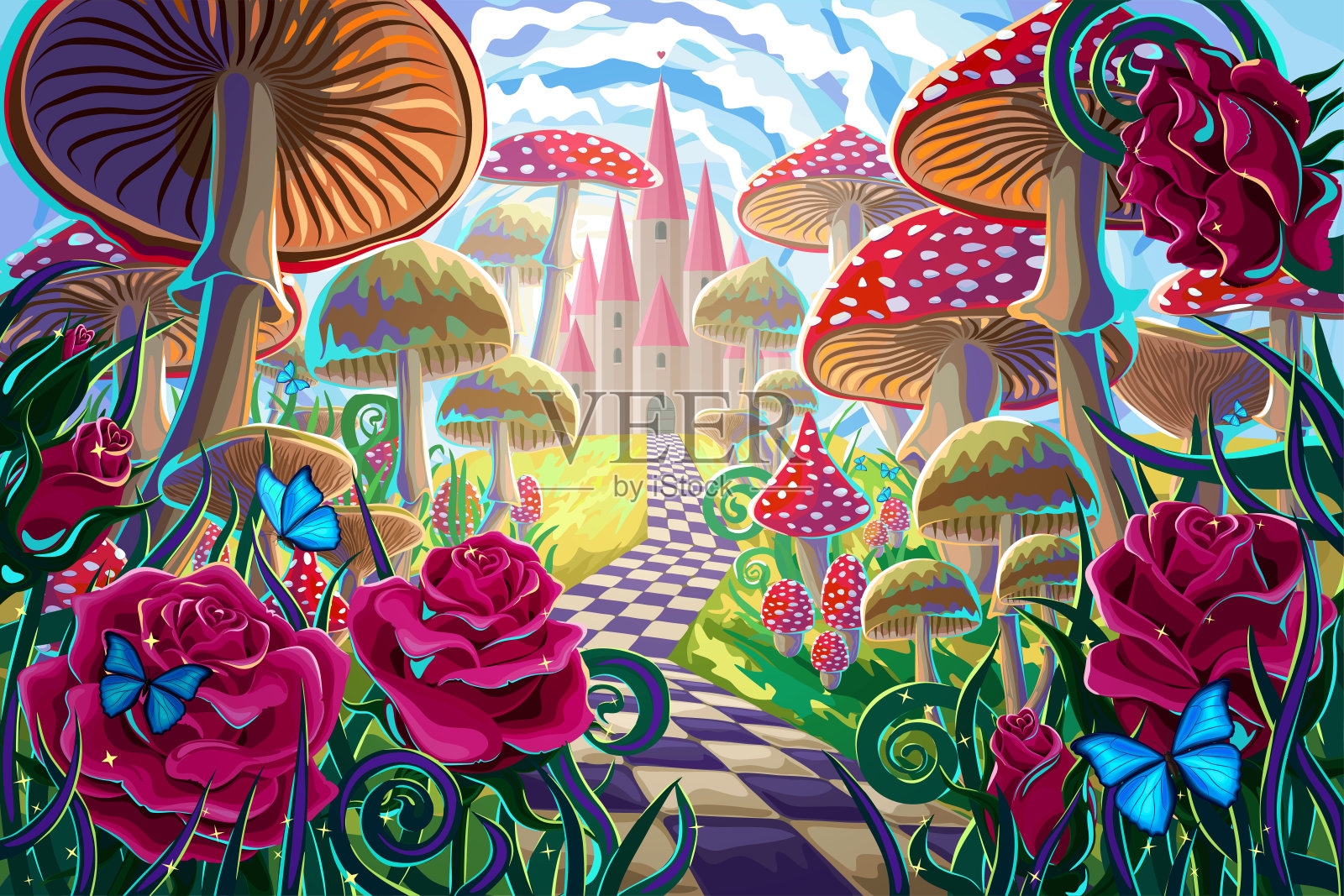 奇妙的风景有蘑菇，美丽的古堡，红玫瑰和蝴蝶。童话《爱丽丝梦游仙境》的插图插画图片素材