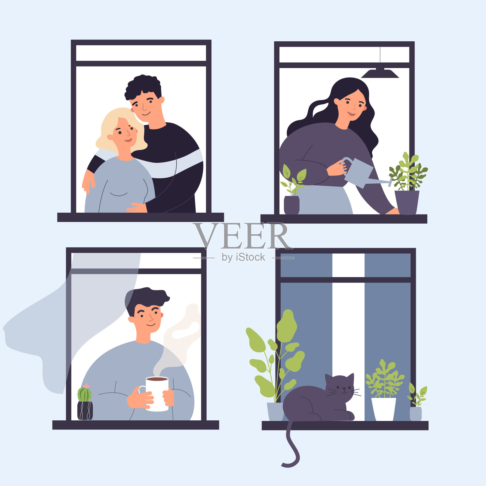 邻居和猫通过开着的窗户生活插画图片素材
