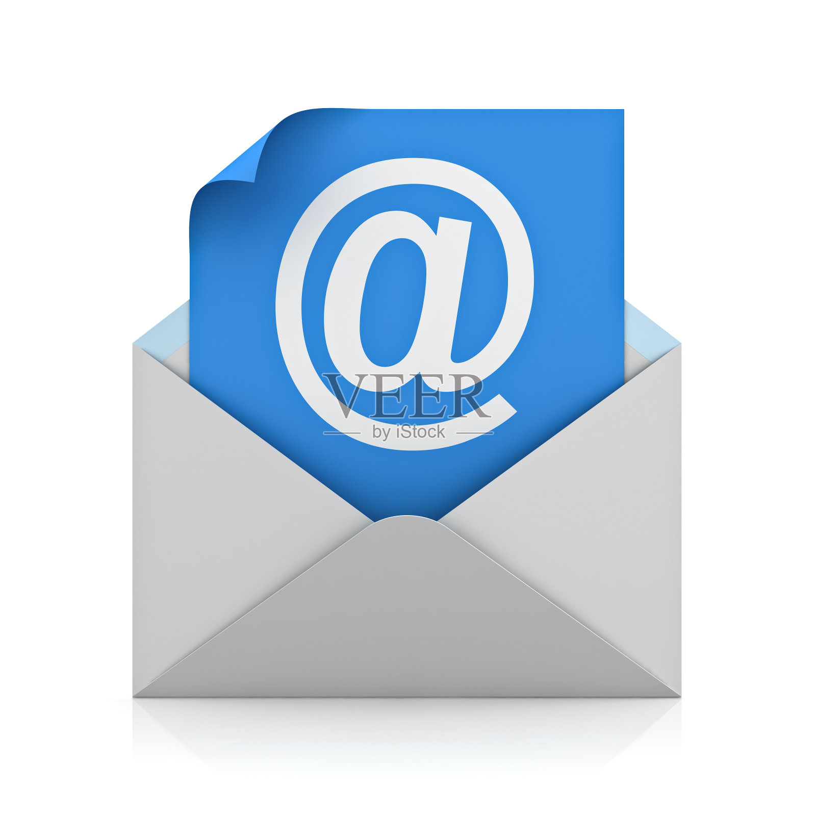 电子邮件的概念在蓝色的纸在白色信封孤立在白色背景与阴影。三维渲染照片摄影图片