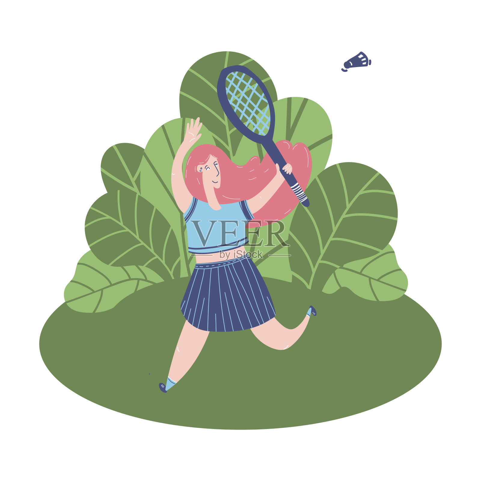 女孩在街上打羽毛球。时尚时尚的健康生活方式的概念。插画图片素材