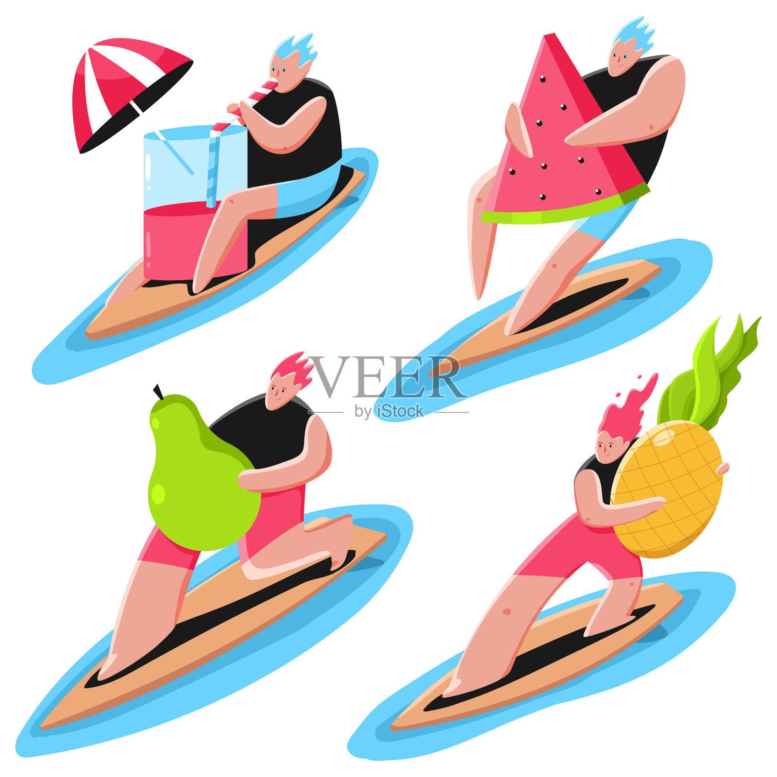 冲浪者与水果和鸡尾酒矢量卡通夏季概念插图孤立在一个白色的背景。插画图片素材