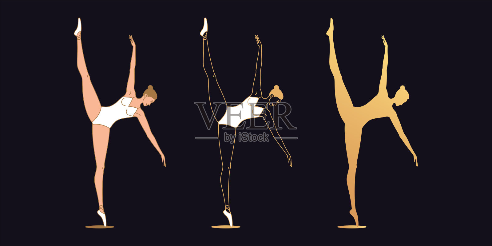 金色芭蕾舞女轮廓风格。一套剪影，芭蕾舞演员插画图片素材