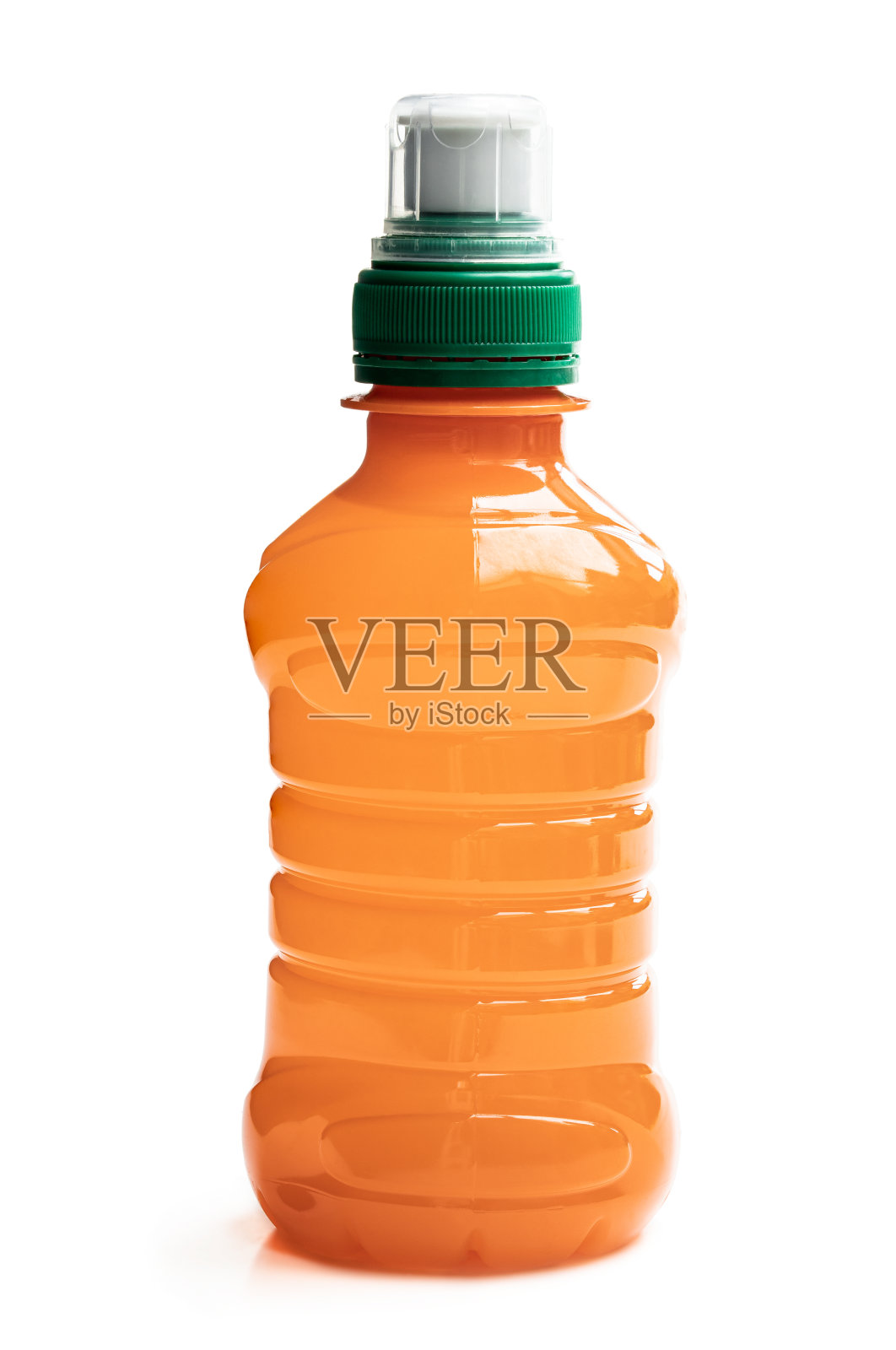 小塑料瓶上的橙汁孤立白色照片摄影图片