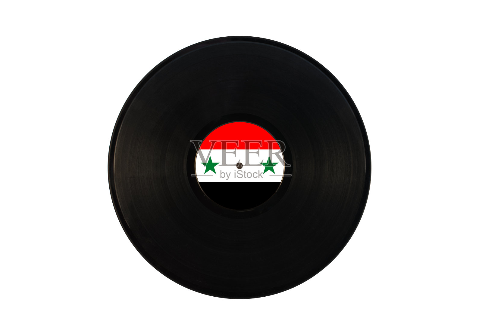 留声机记录了叙利亚国旗。叙利亚的音乐。黑胶唱片与叙利亚国旗，在一个白色的背景，孤立照片摄影图片