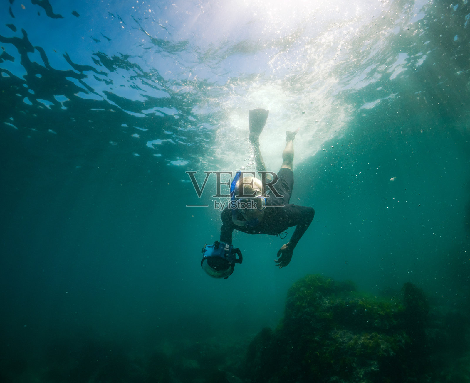在日本千叶浮潜。一个男人带着照相机在水下游泳照片摄影图片