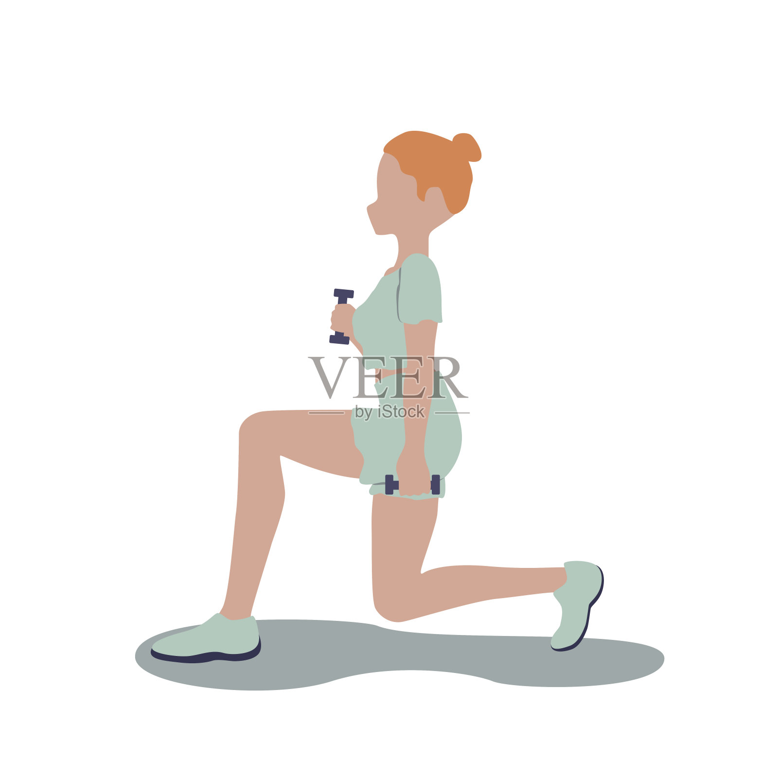 矢量图形。一个穿着运动服的女孩参加体育运动，做体育锻炼，以泵她的身体肌肉与重量插画图片素材